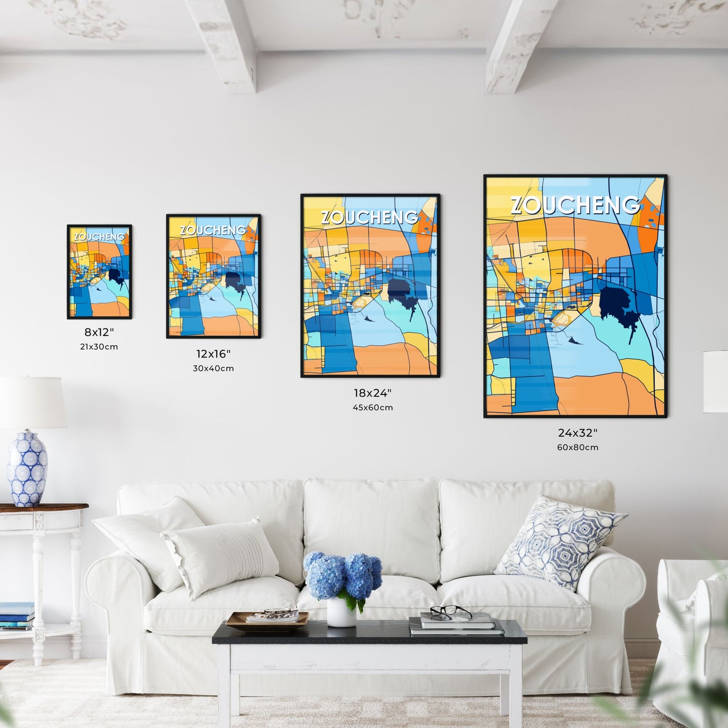 ZOUCHENG CHINA Vibrant Colorful Art Map Poster Blue Orange