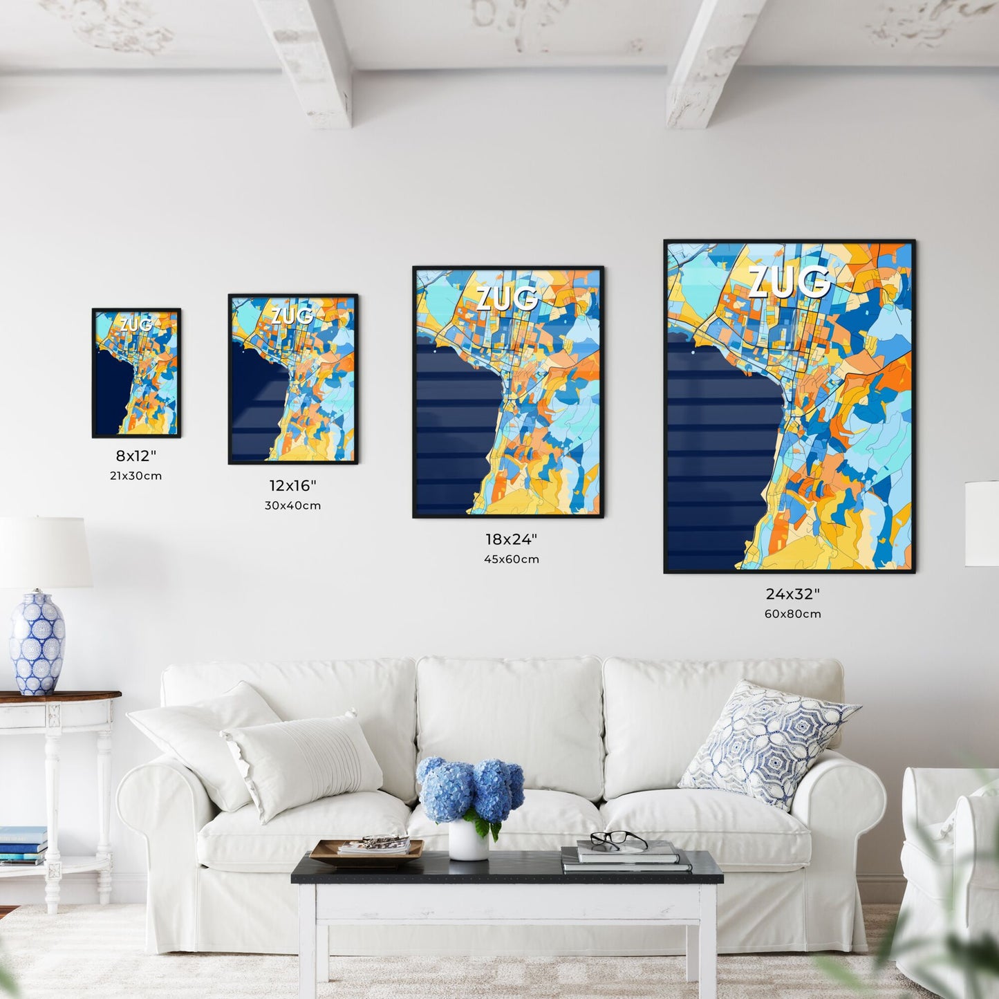 ZUG SWITZERLAND Vibrant Colorful Art Map Poster Blue Orange