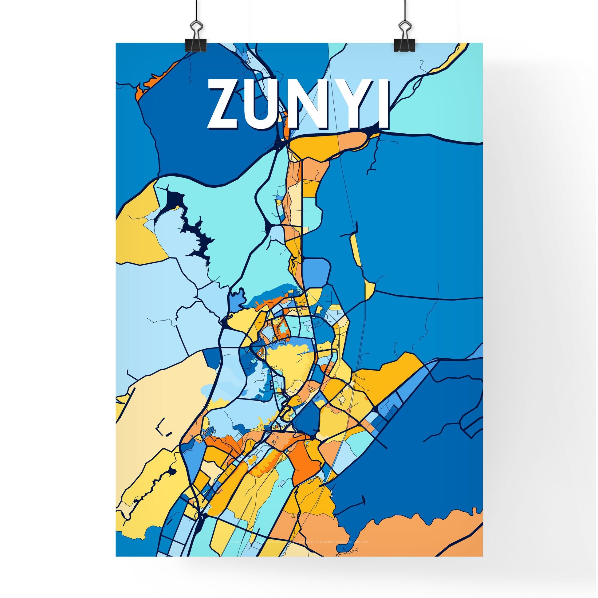 ZUNYI CHINA Vibrant Colorful Art Map Poster Blue Orange