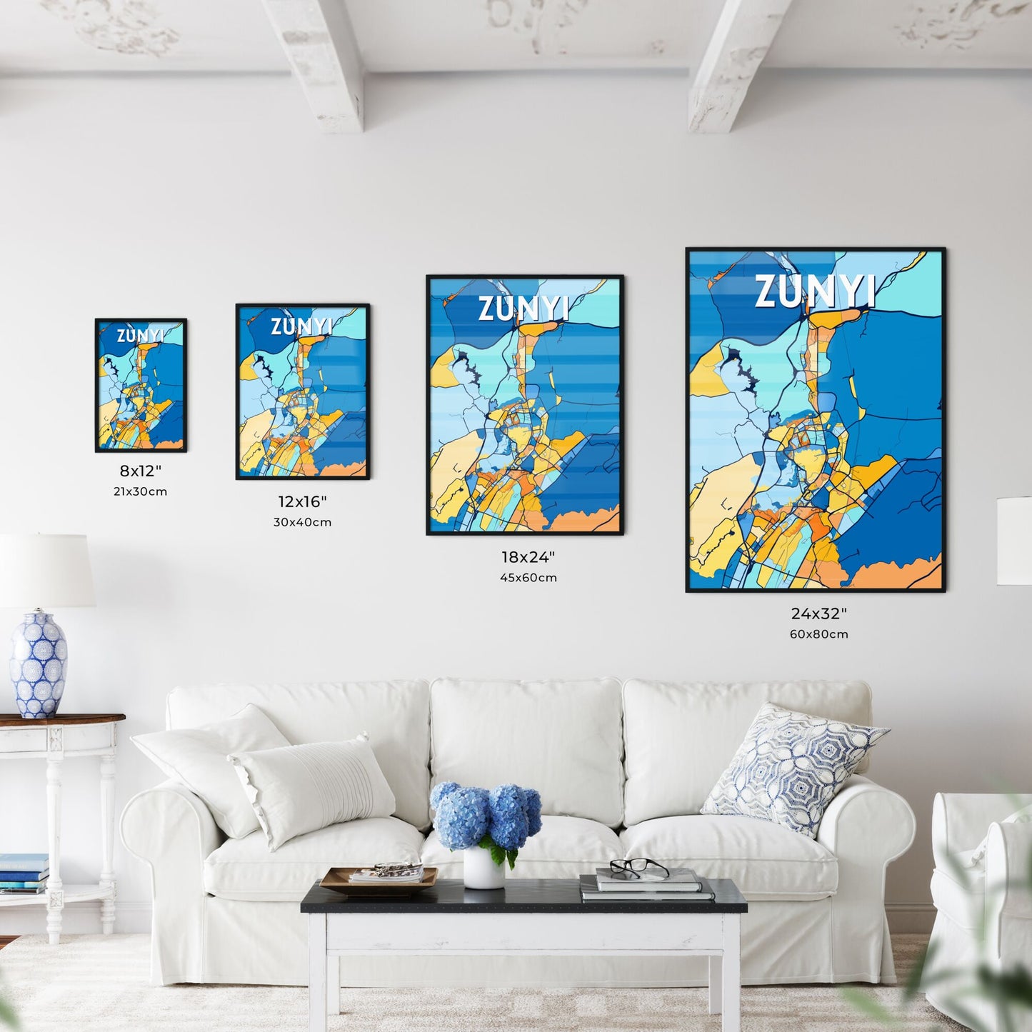 ZUNYI CHINA Vibrant Colorful Art Map Poster Blue Orange