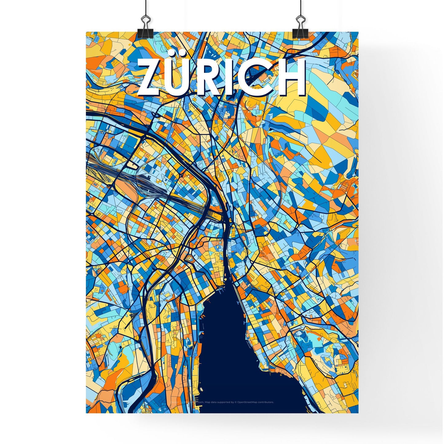 ZÜRICH SWITZERLAND Vibrant Colorful Art Map Poster Blue Orange