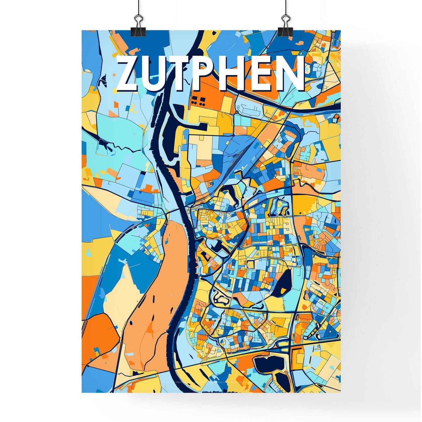 ZUTPHEN NETHERLANDS Vibrant Colorful Art Map Poster Blue Orange