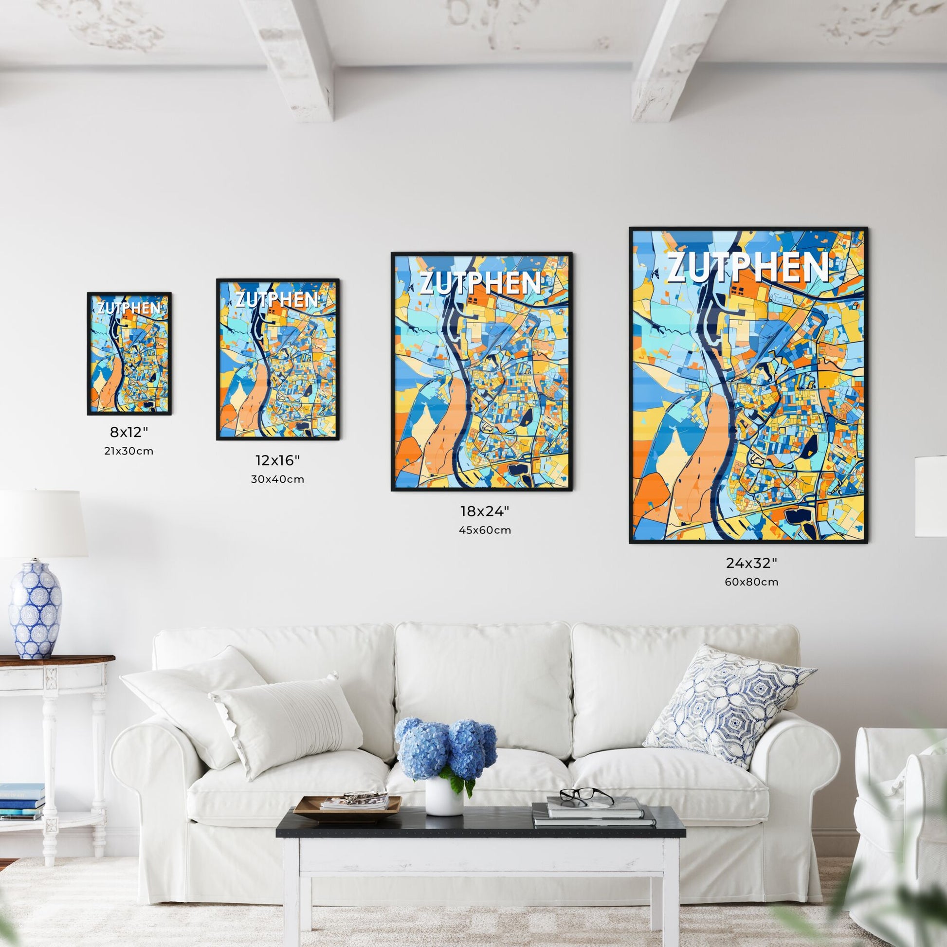 ZUTPHEN NETHERLANDS Vibrant Colorful Art Map Poster Blue Orange