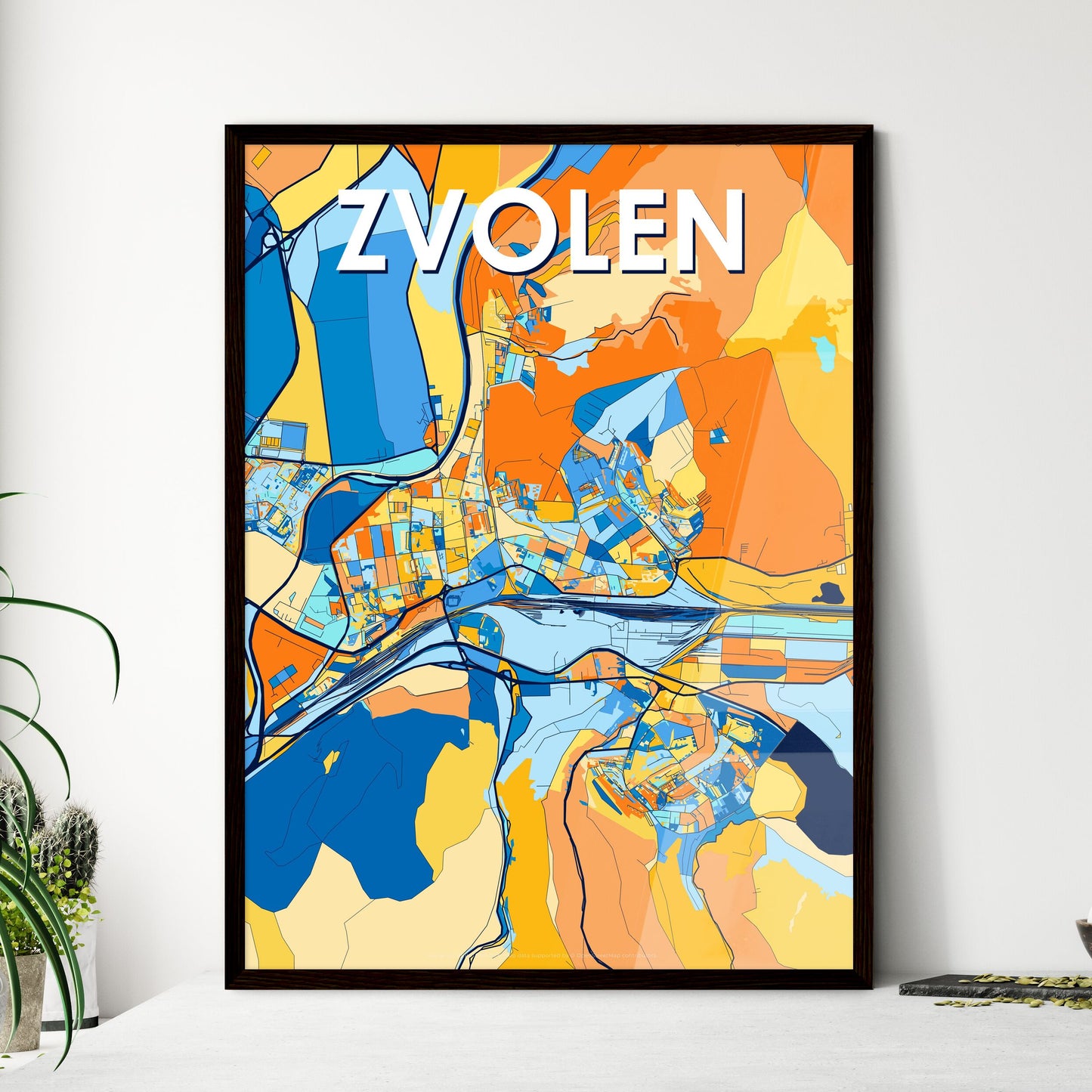 ZVOLEN SLOVAKIA Vibrant Colorful Art Map Poster Blue Orange