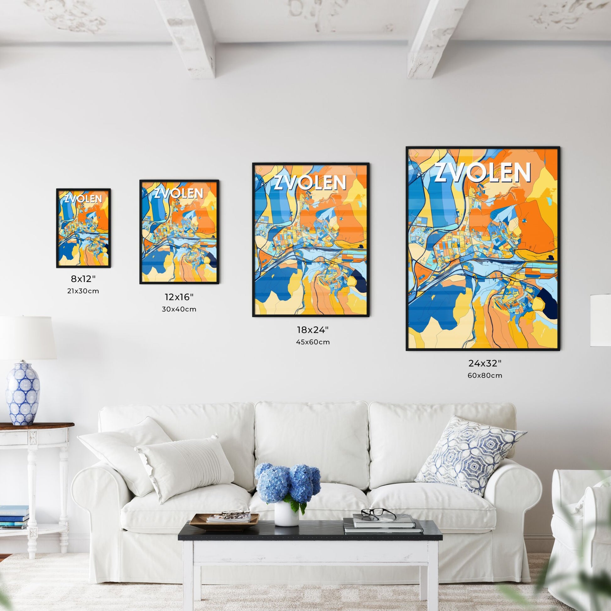 ZVOLEN SLOVAKIA Vibrant Colorful Art Map Poster Blue Orange