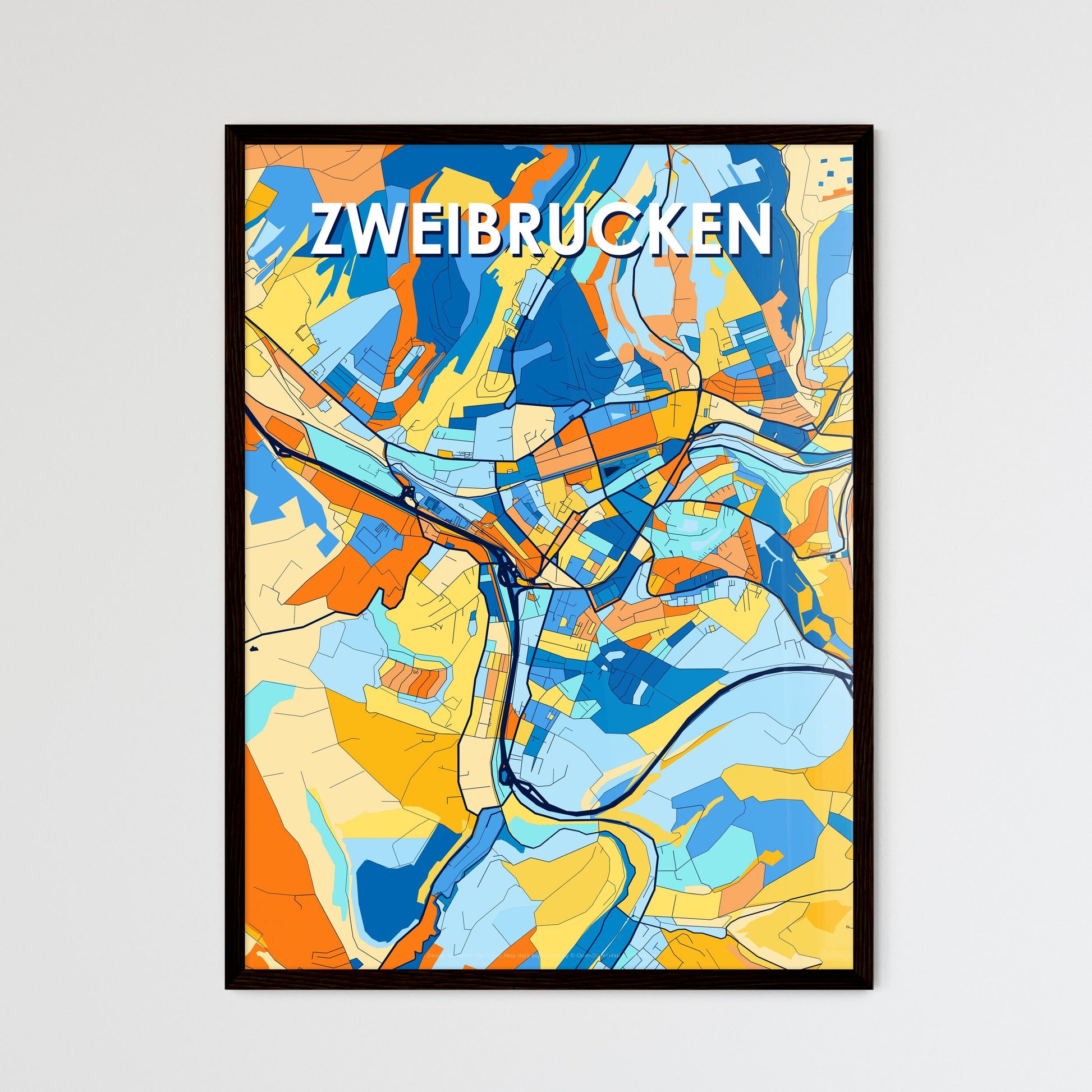 ZWEIBRUCKEN GERMANY Vibrant Colorful Art Map Poster Blue Orange