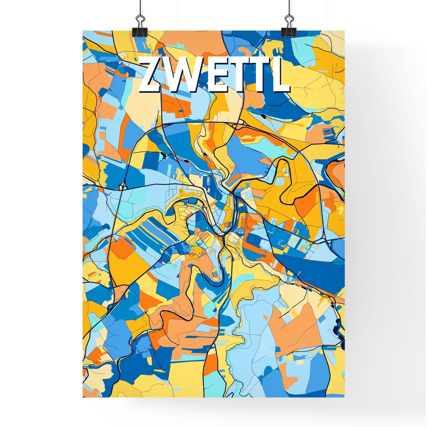 ZWETTL AUSTRIA Vibrant Colorful Art Map Poster Blue Orange