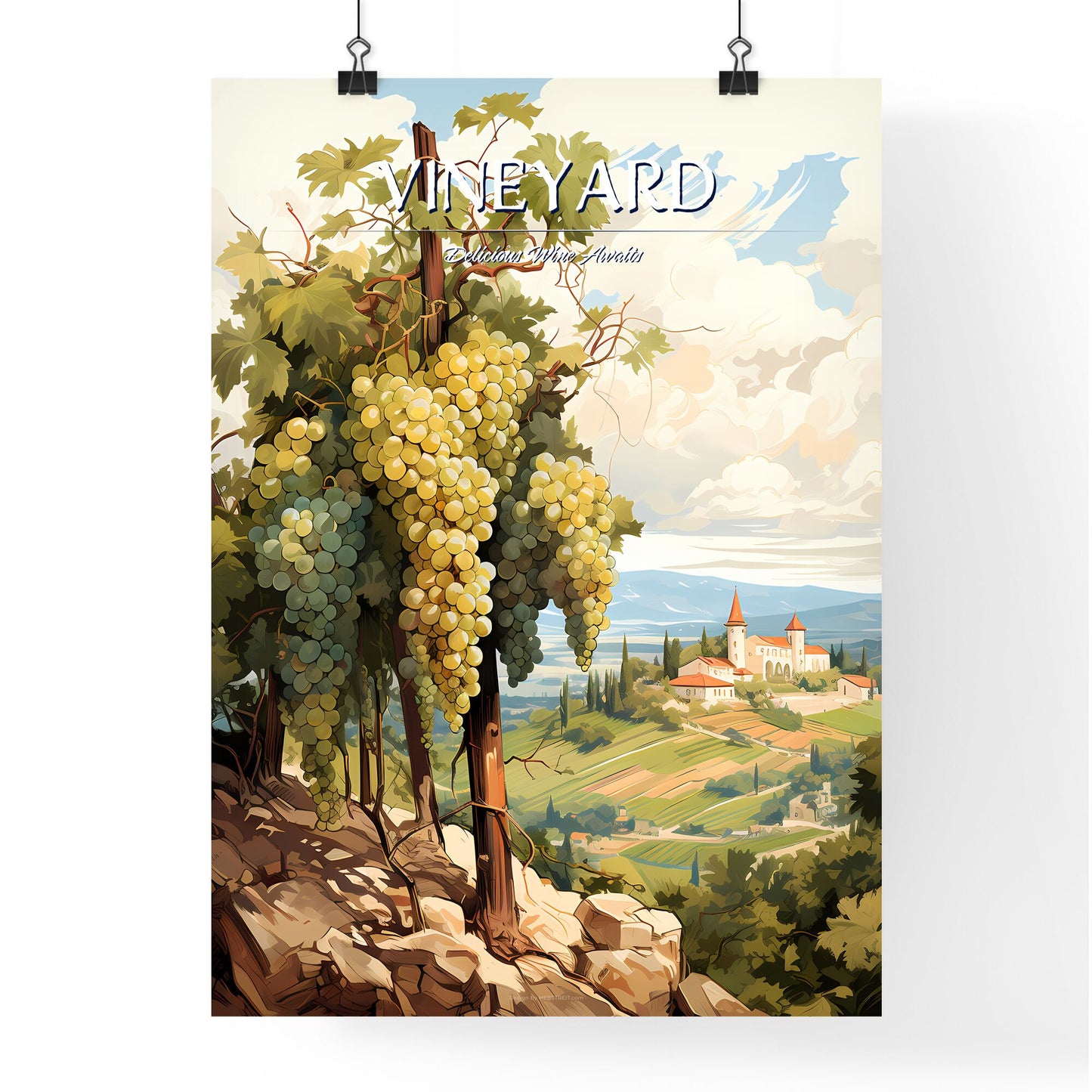 A Painting Of A Vineyard With A Castle In The Background Default Title
