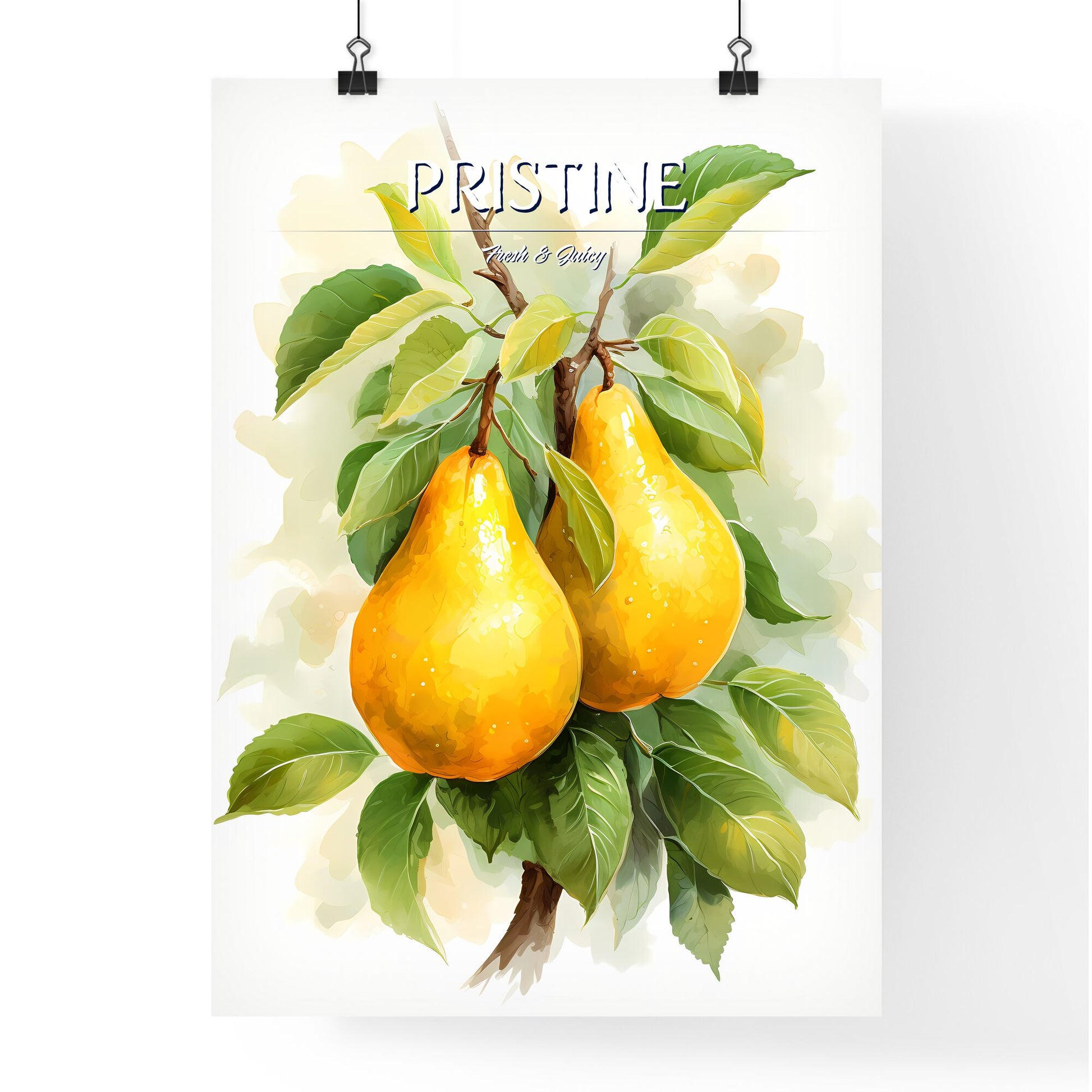 Beautiful Ripe Yellow Pears On A White Background - A Pair Of Yellow Pears On A Tree Branch Default Title