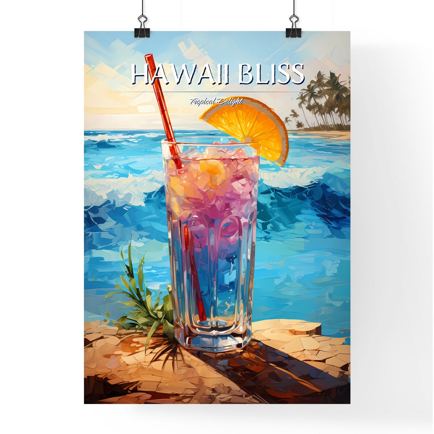 Blue Hawaii Drink - A Glass With A Drink And A Straw On A Rock By The Ocean Default Title