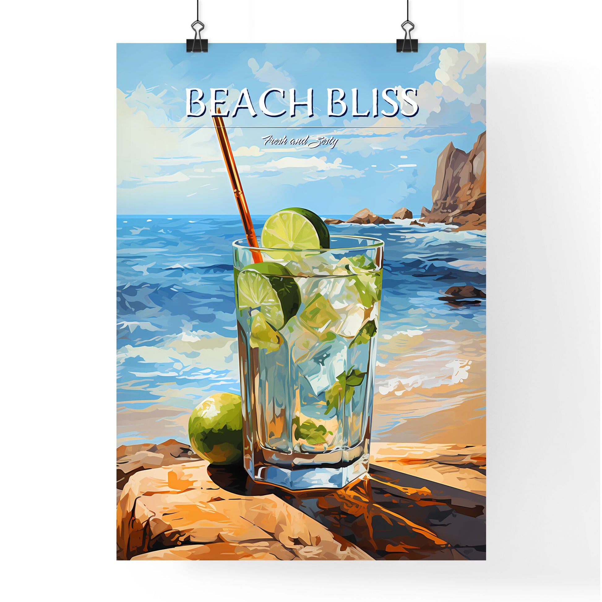 Caipirinha Cocktail On Beach - A Glass Of Water With Limes And Straw On A Rock Default Title