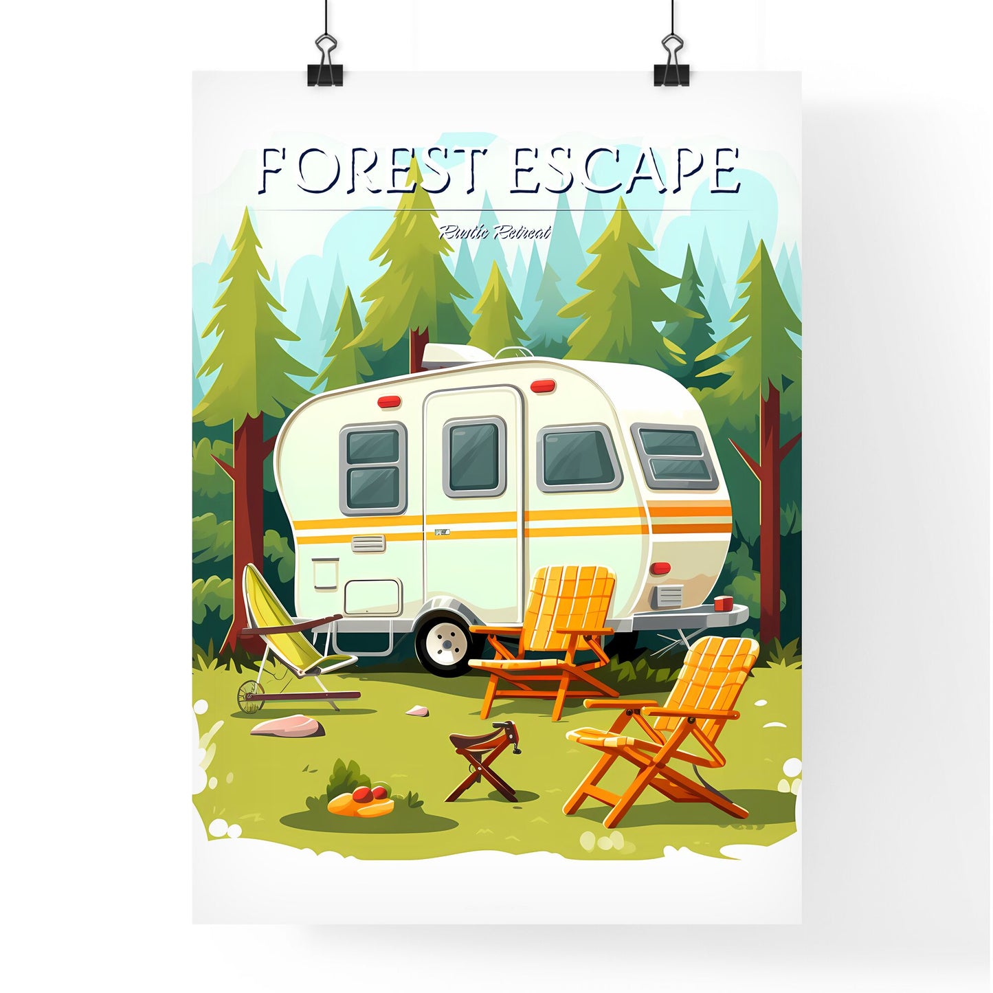 Camper Trailer And Chairs In A Forest Art Print Default Title