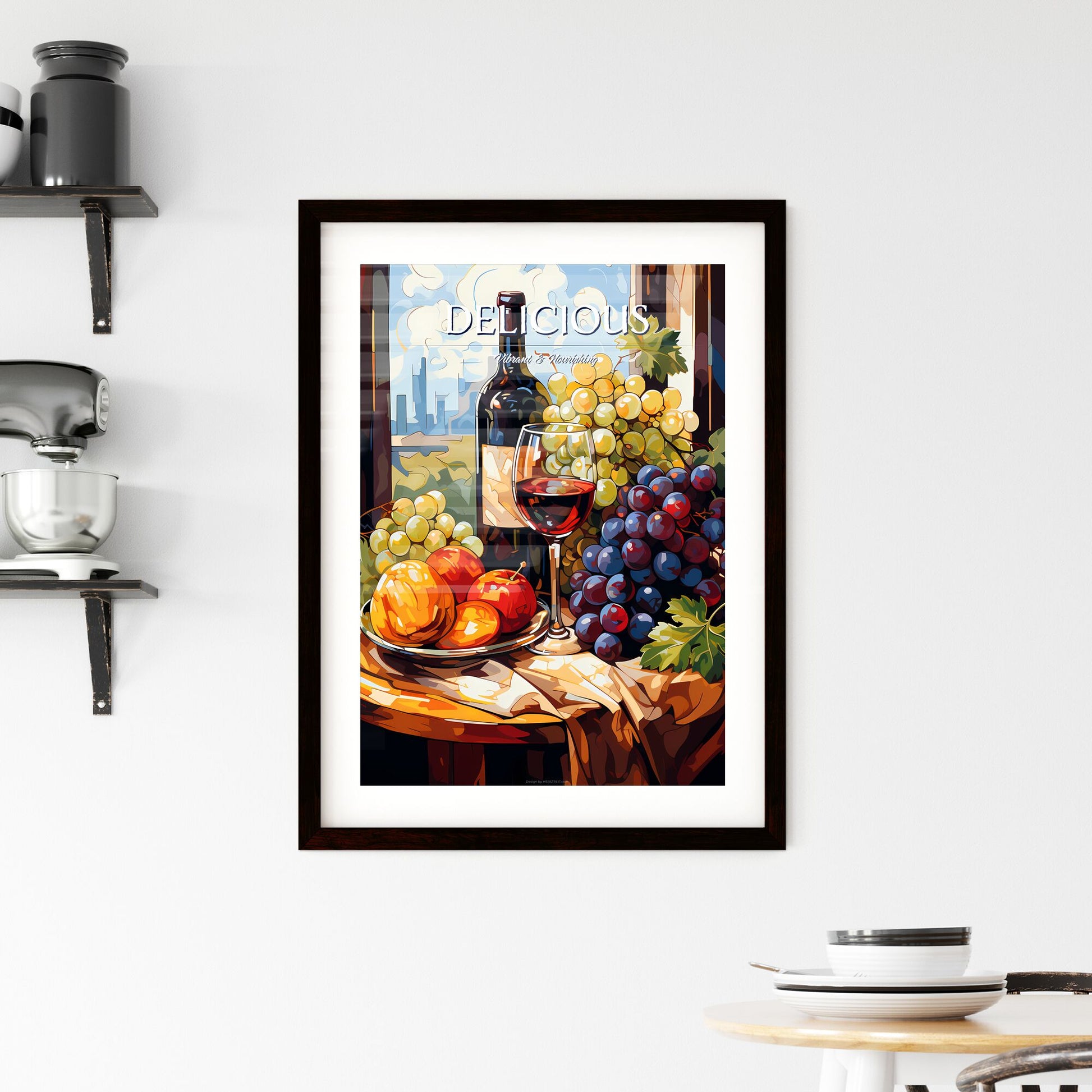 Grapes And Wine Bottles-Healthy Food - A Painting Of A Wine Bottle And Fruit On A Table Default Title