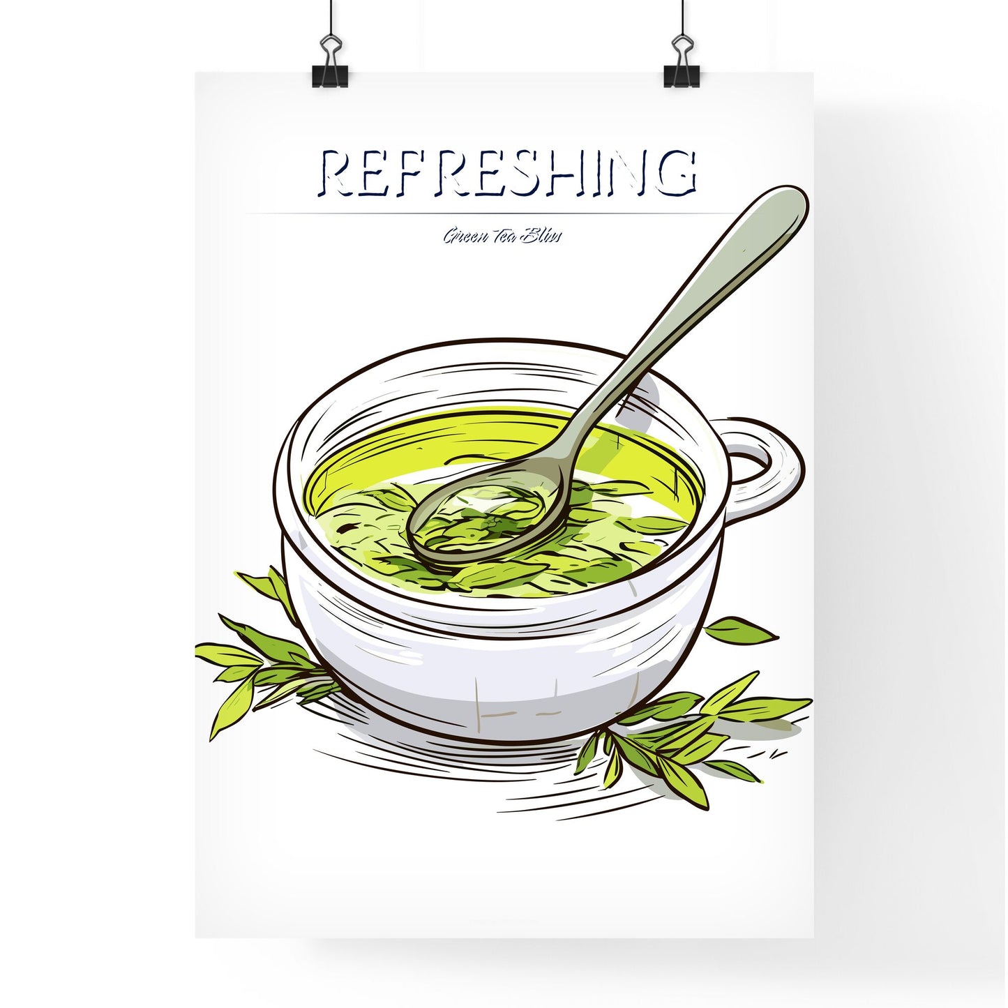 Green Tea On A White Background - A Bowl Of Green Liquid With A Spoon Default Title