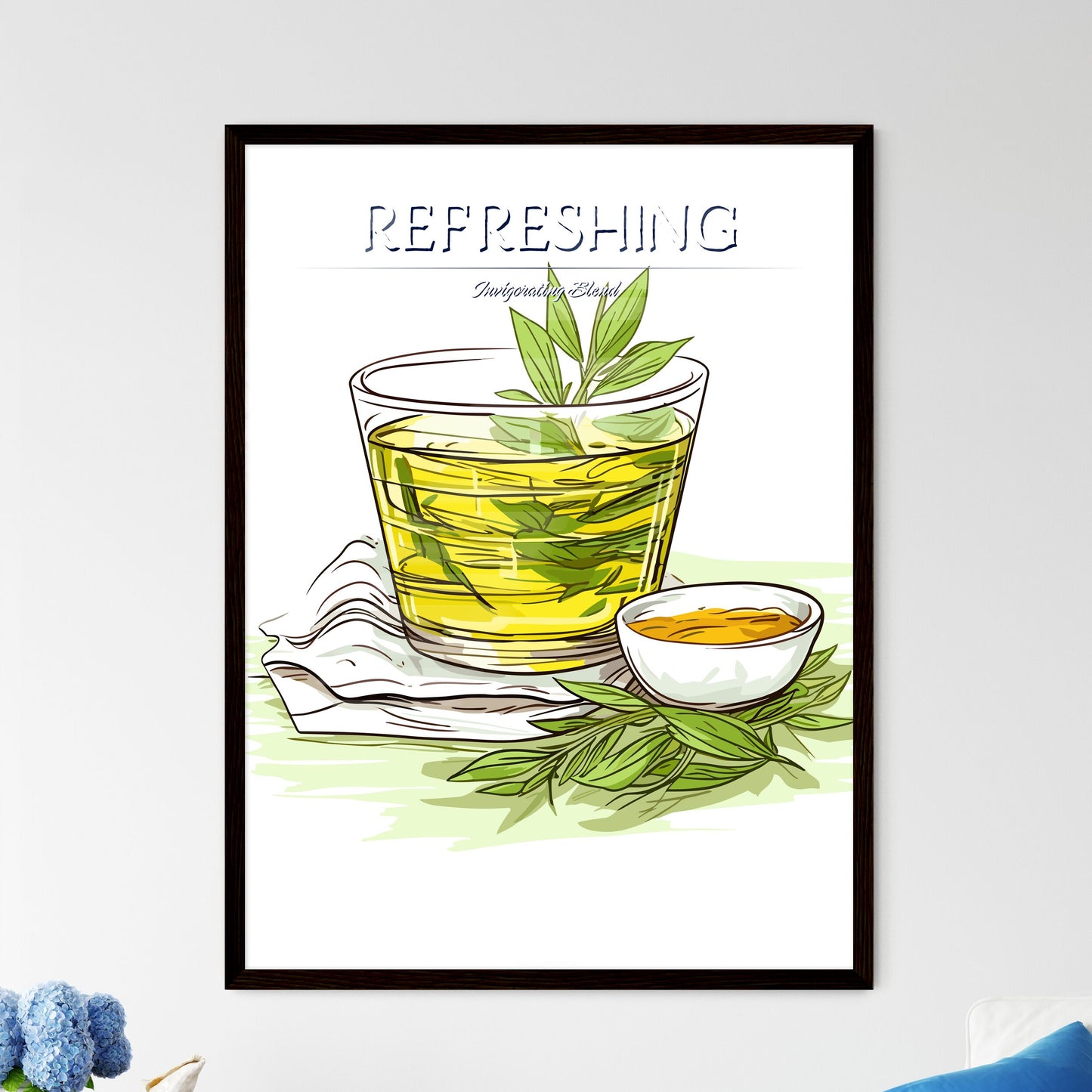 Green Tea On A White Background - A Glass Of Liquid With Leaves And A Bowl Of Honey Default Title