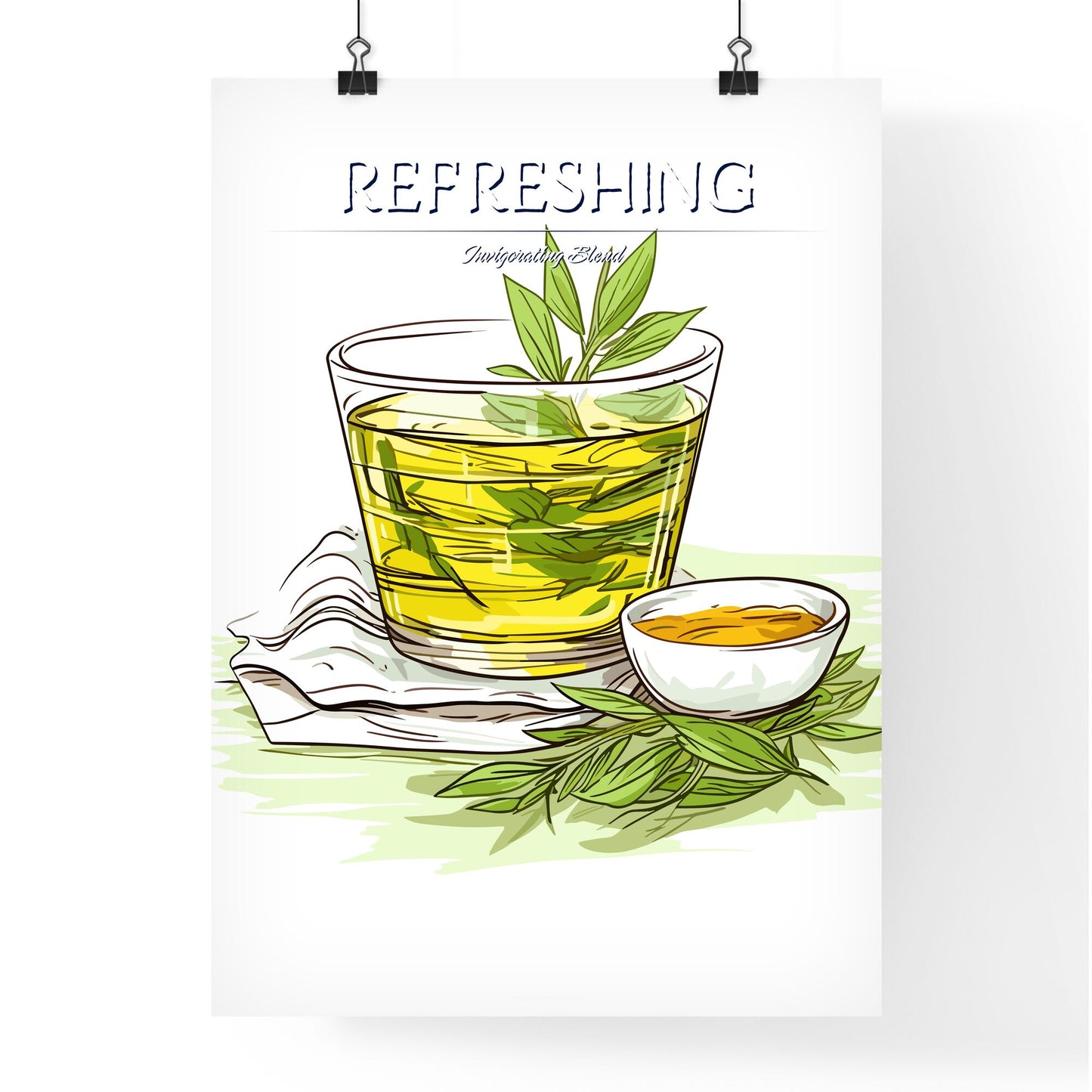 Green Tea On A White Background - A Glass Of Liquid With Leaves And A Bowl Of Honey Default Title