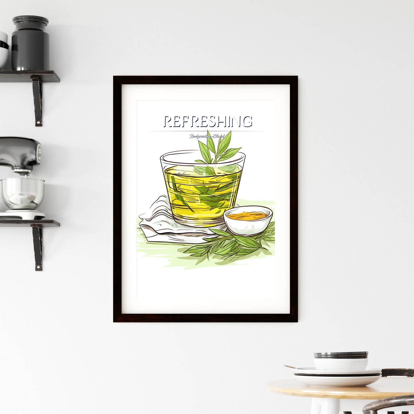 Green Tea On A White Background - A Glass Of Liquid With Leaves And A Bowl Of Honey Default Title