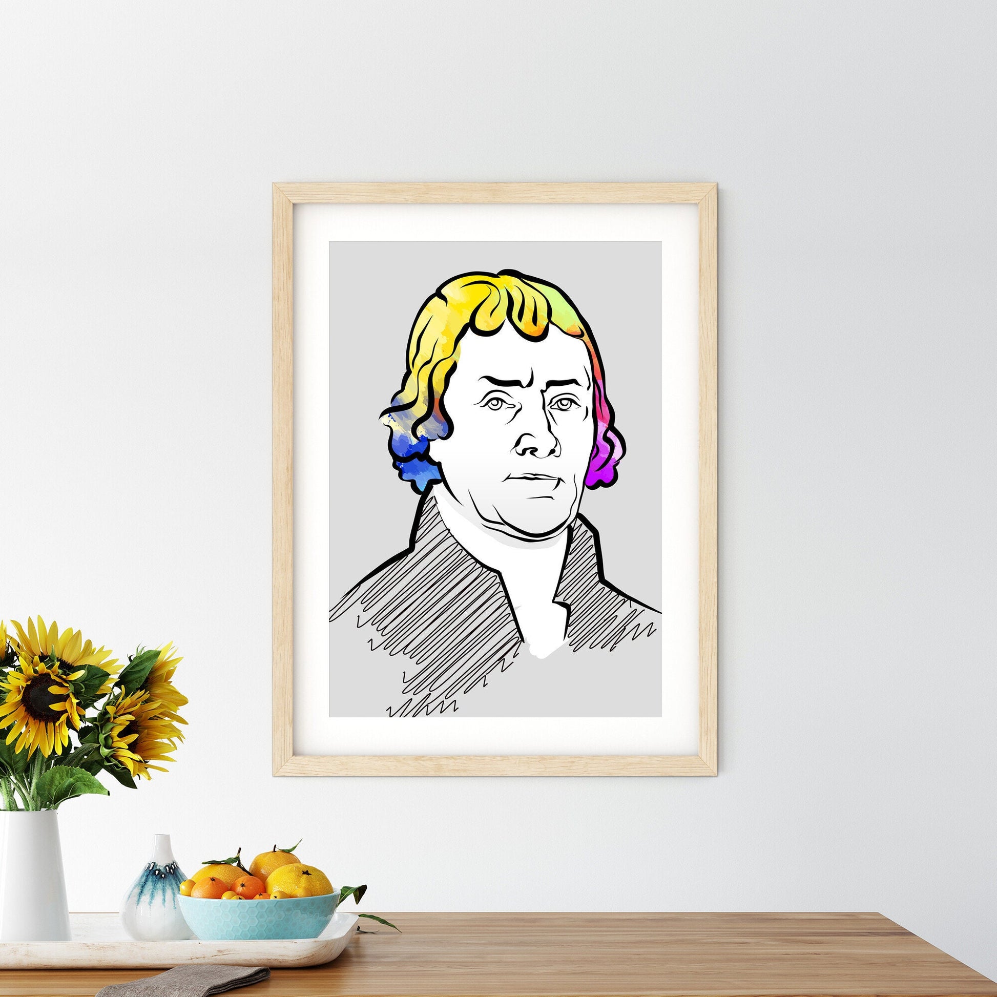 Thomas Jefferson Portrait Poster With Colorful Hair. Perfect print for patriots.