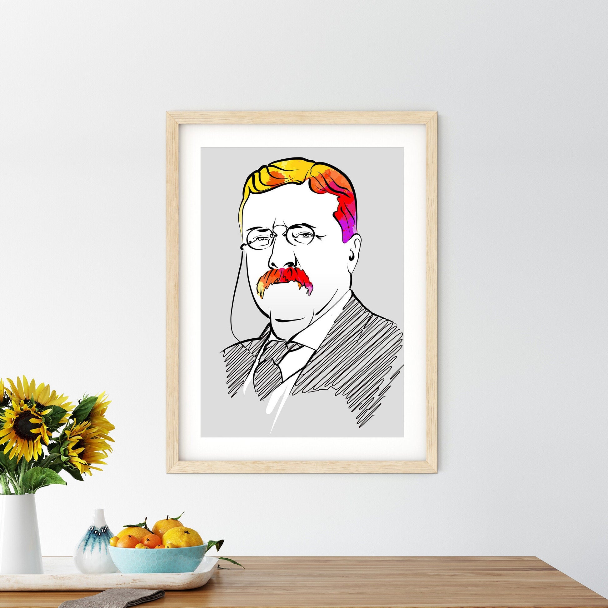 Theodore Roosevelt Portrait Poster With Colorful Hair. Perfect print for patriots.