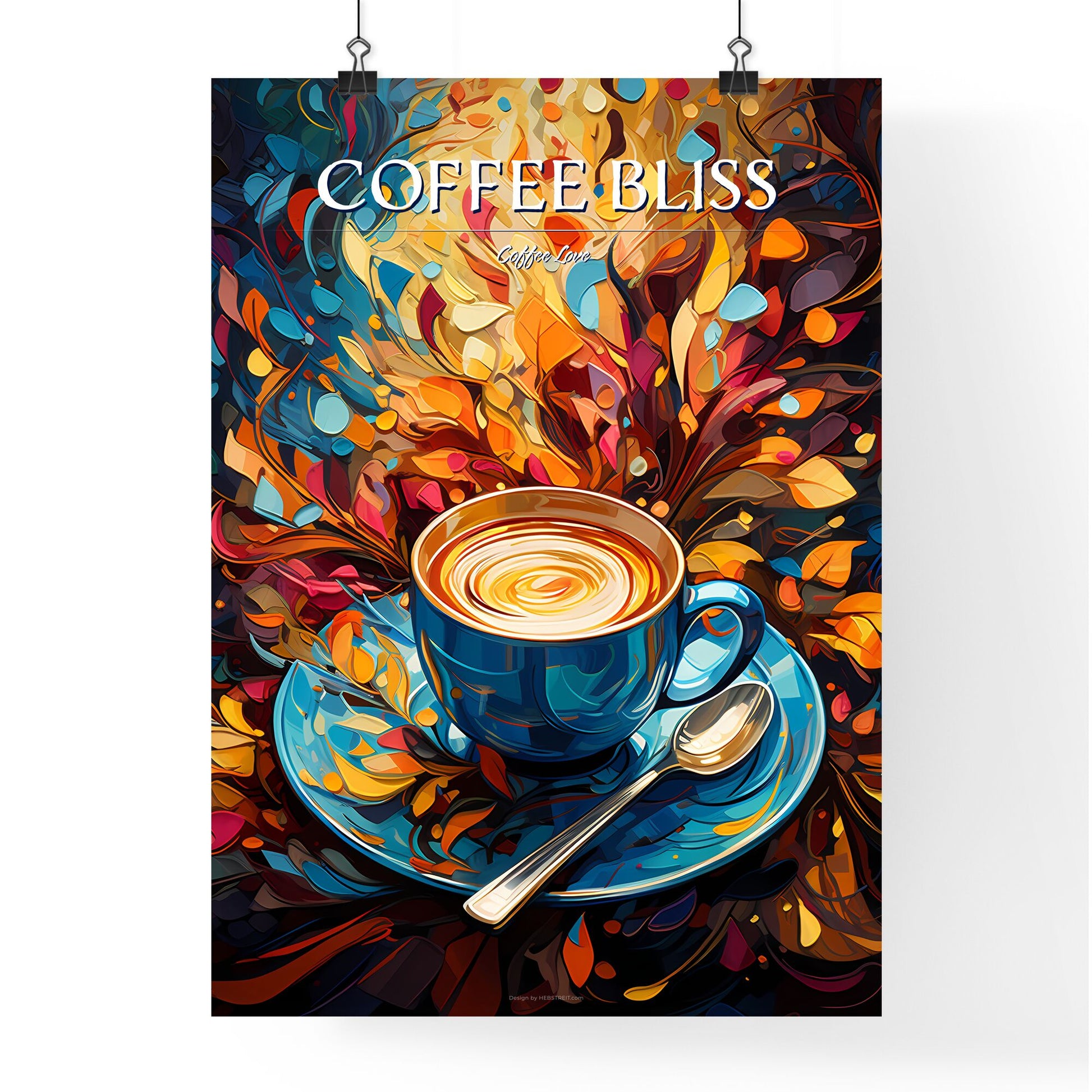 Illustration For All The Coffee Lovers - A Blue Cup With A Spoon And Colorful Leaves Default Title