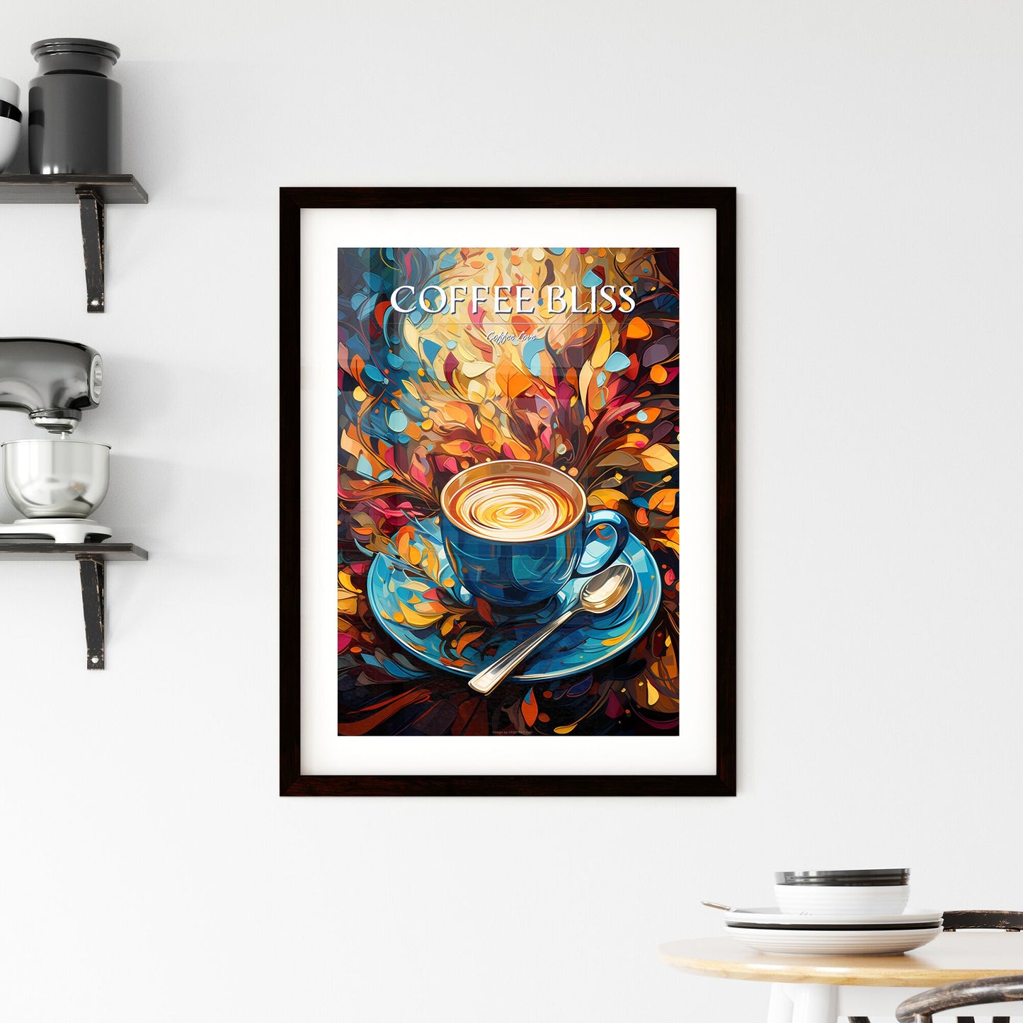 Illustration For All The Coffee Lovers - A Blue Cup With A Spoon And Colorful Leaves Default Title