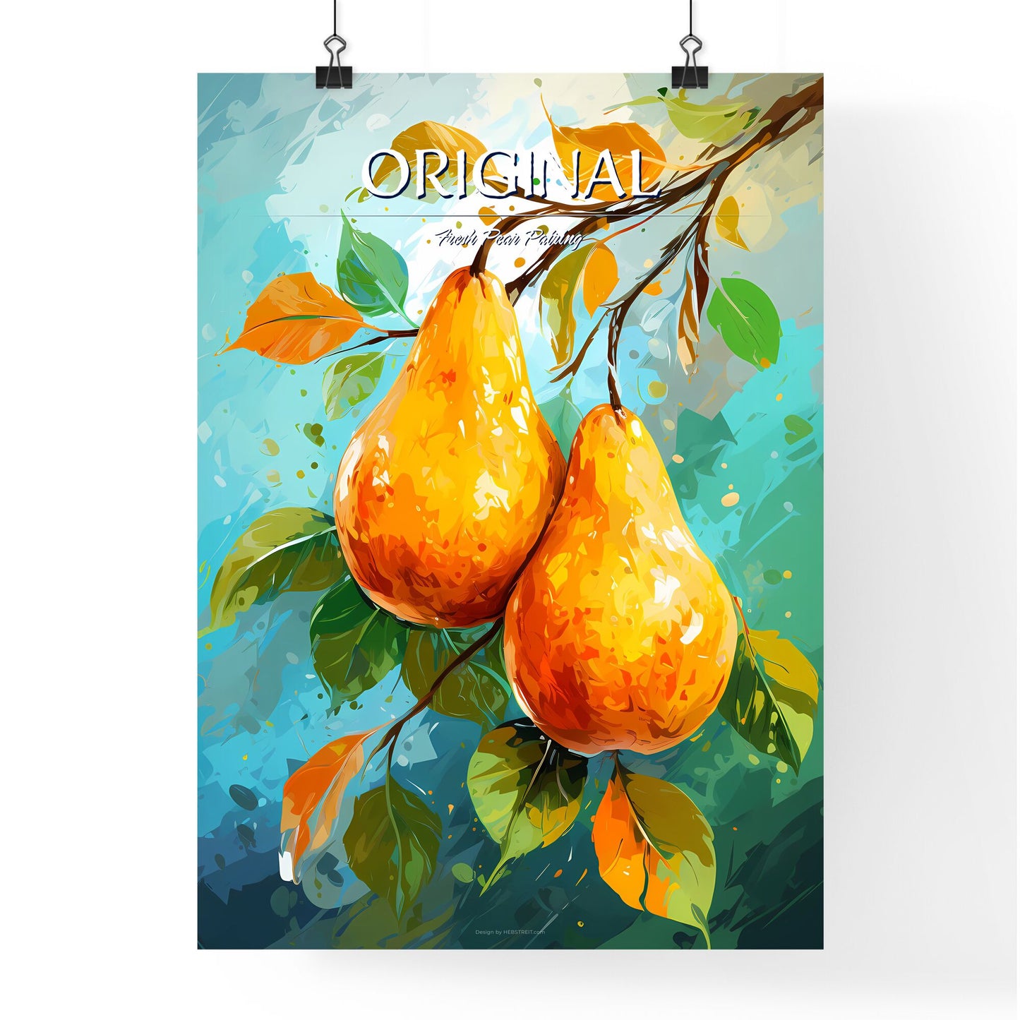 Illustration Of Two Original Pear - A Painting Of Two Pears On A Branch Default Title