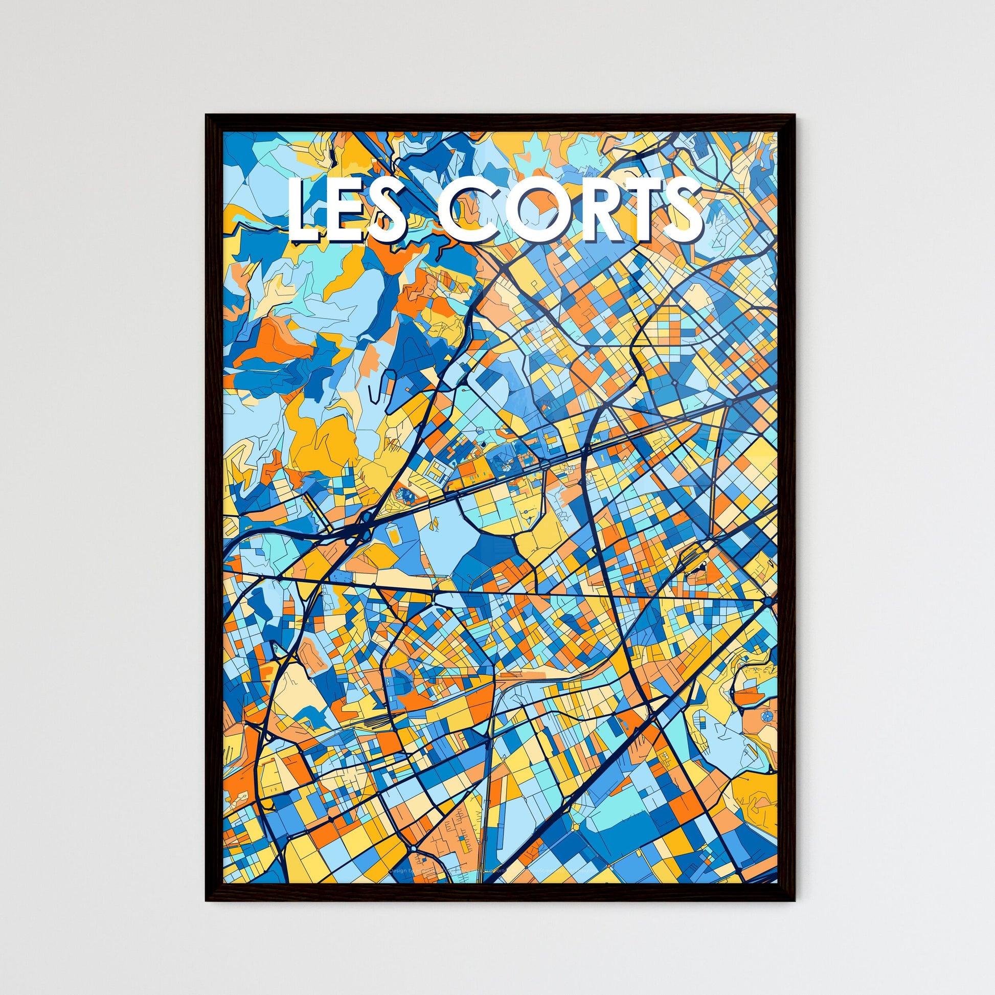 LES CORTS SPAIN Vibrant Colorful Art Map Poster Blue Orange