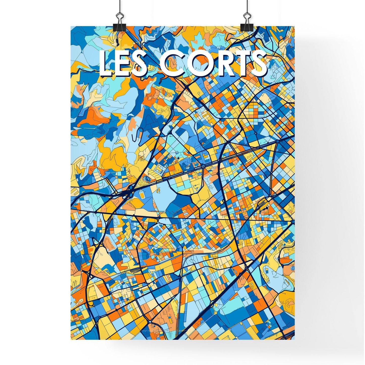 LES CORTS SPAIN Vibrant Colorful Art Map Poster Blue Orange