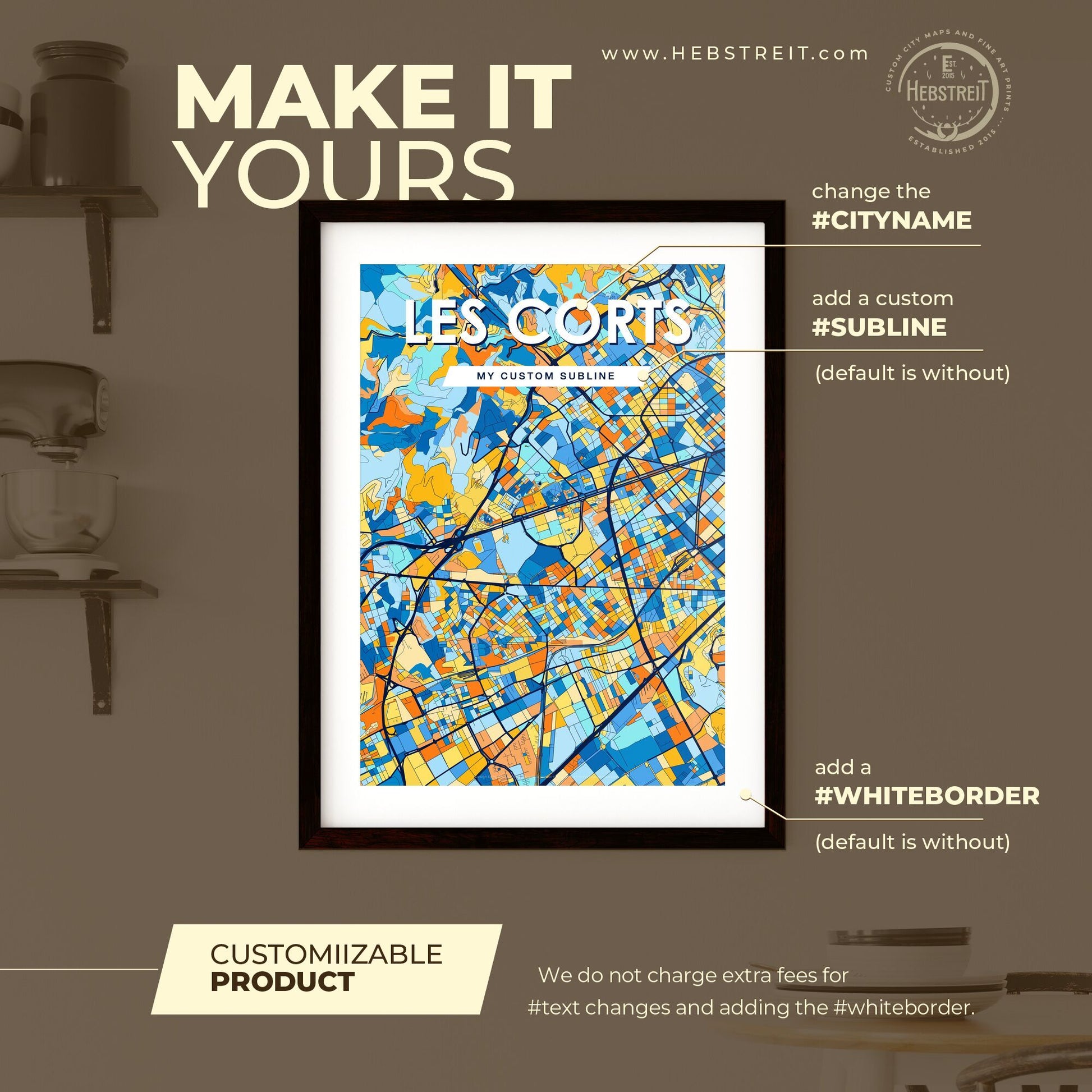 LES CORTS SPAIN Vibrant Colorful Art Map Poster Blue Orange