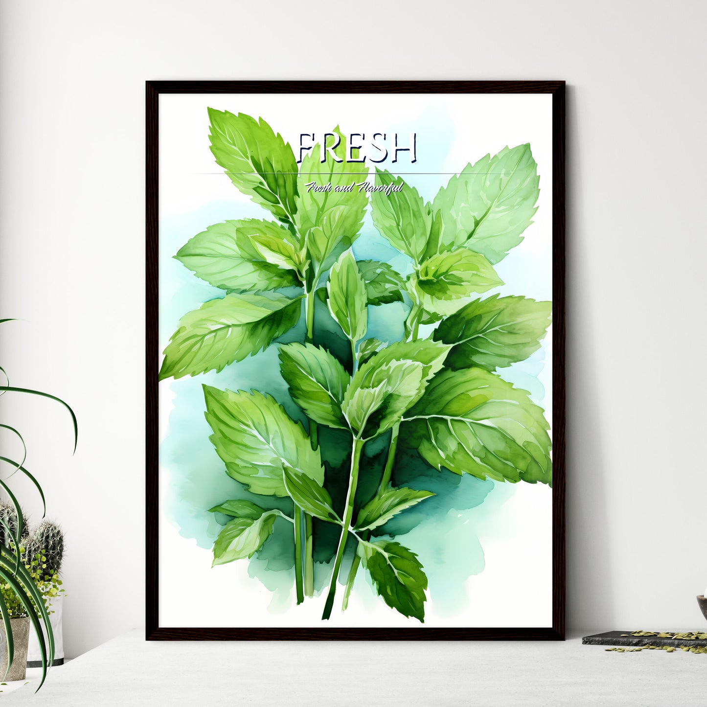 Mint Leaves Watercolor Illustration - A Grou - Framed Art Print