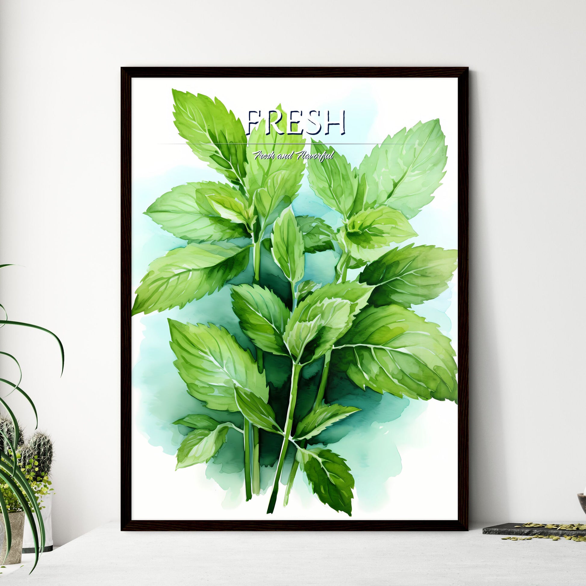 Mint Leaves Watercolor Illustration - A Grou - Framed Art Print