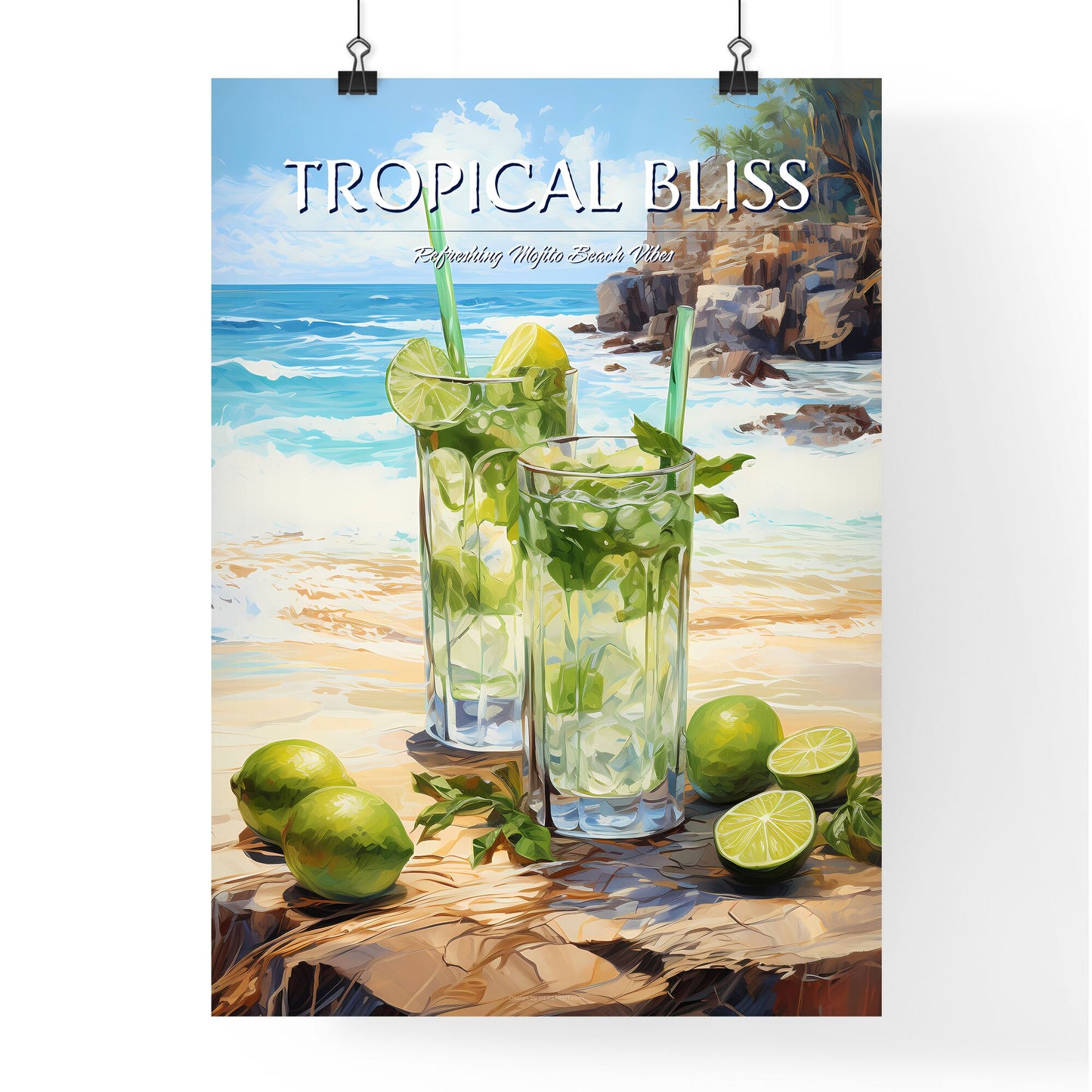 Mojito Cocktail On Beach Sand And Tropical Seascape - A Pair Of Glasses With Limes And Straws On A Beach Default Title