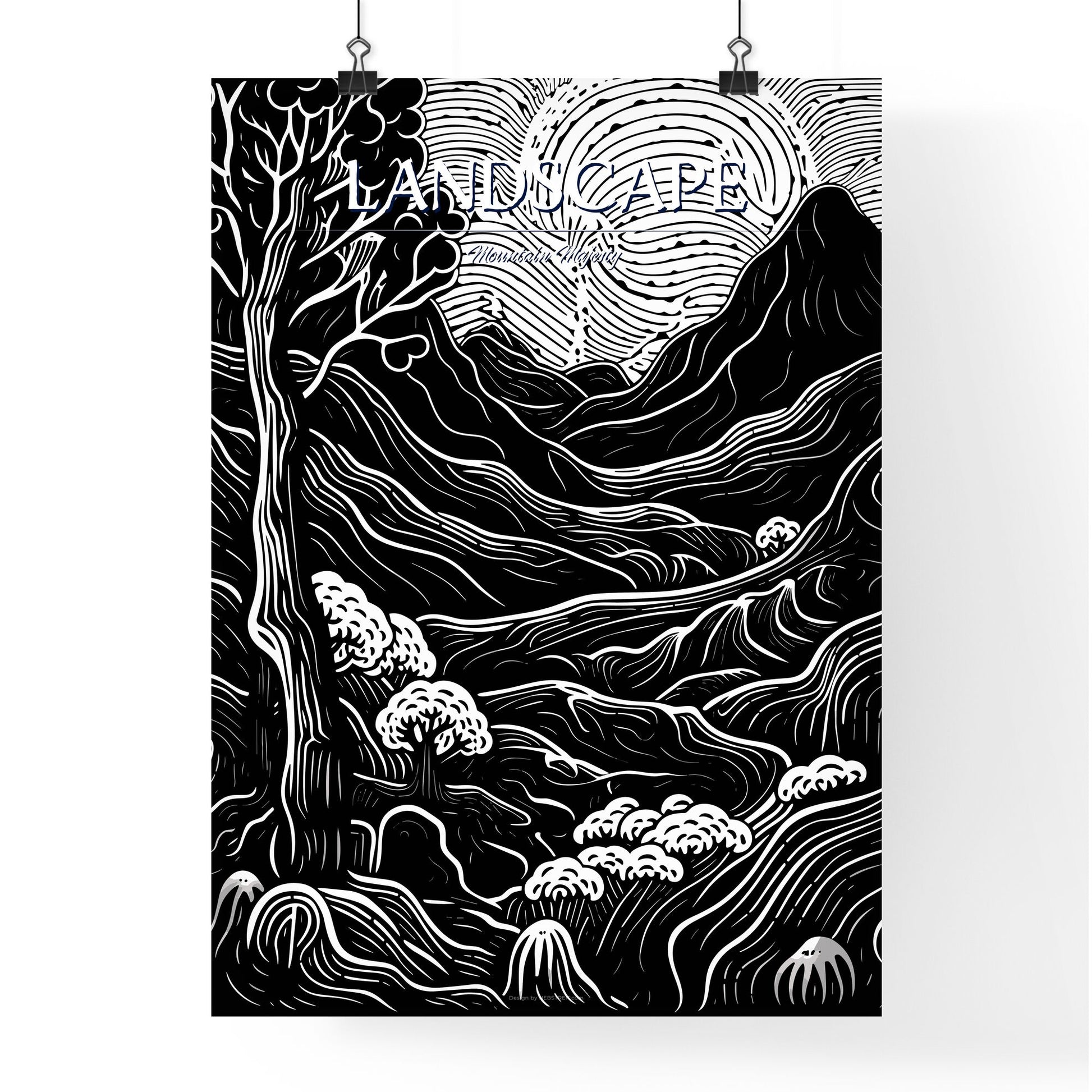 Nature Creation Poster - A Black And White Drawing Of A Mountain Landscape Default Title