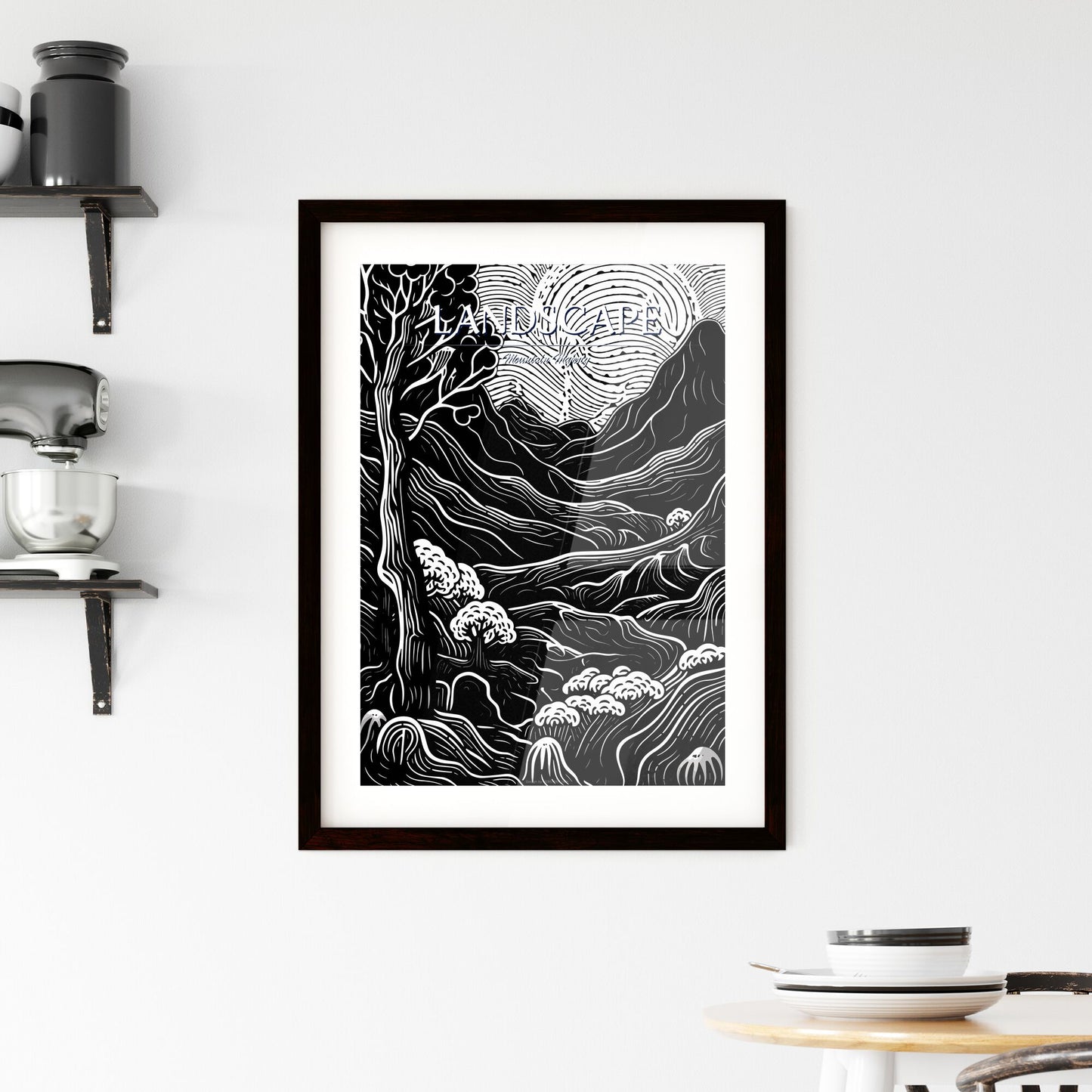 Nature Creation Poster - A Black And White Drawing Of A Mountain Landscape Default Title