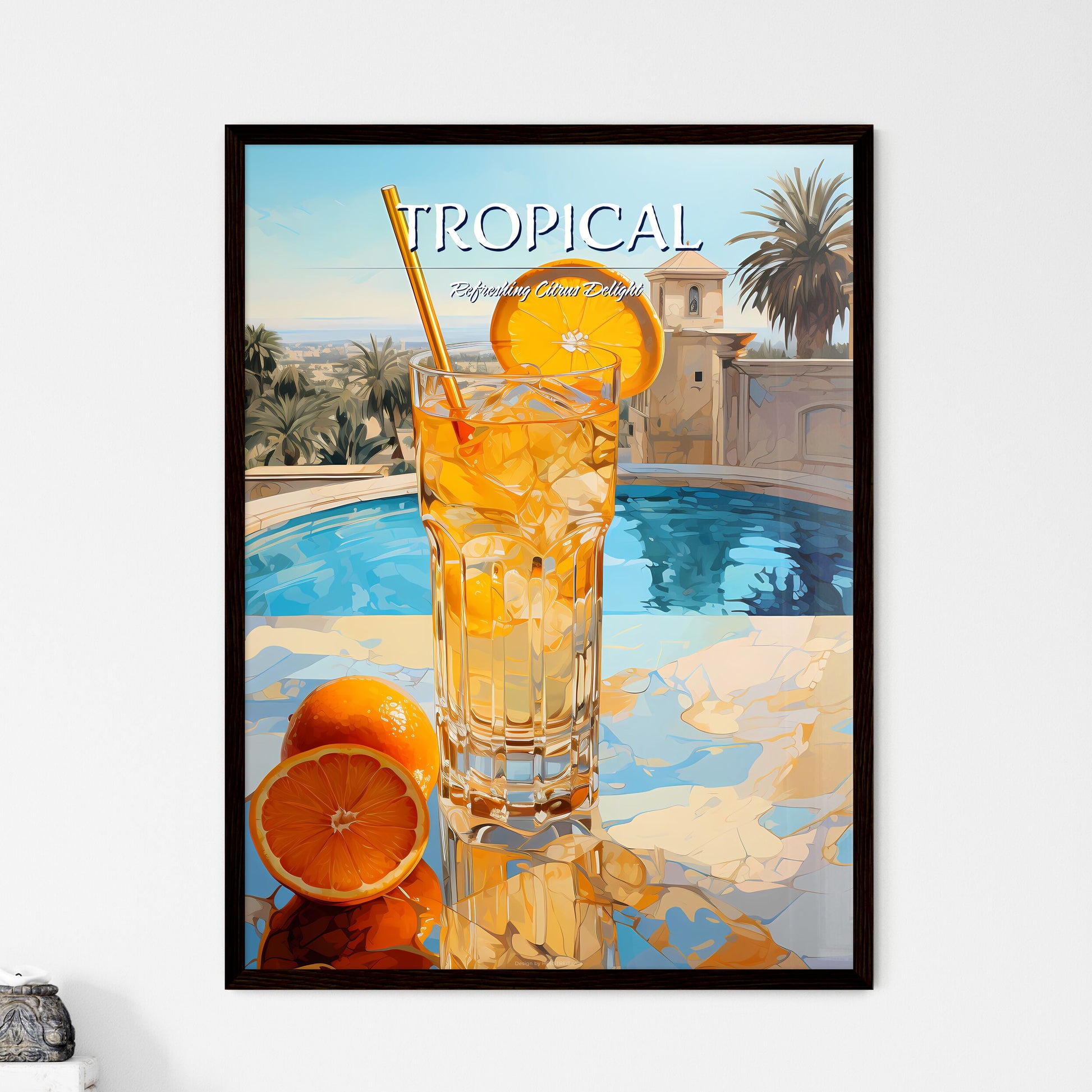 Orange Cocktail Stands On Edge Of Pool - A Glass Of Ice Tea With Oranges And A Straw Default Title