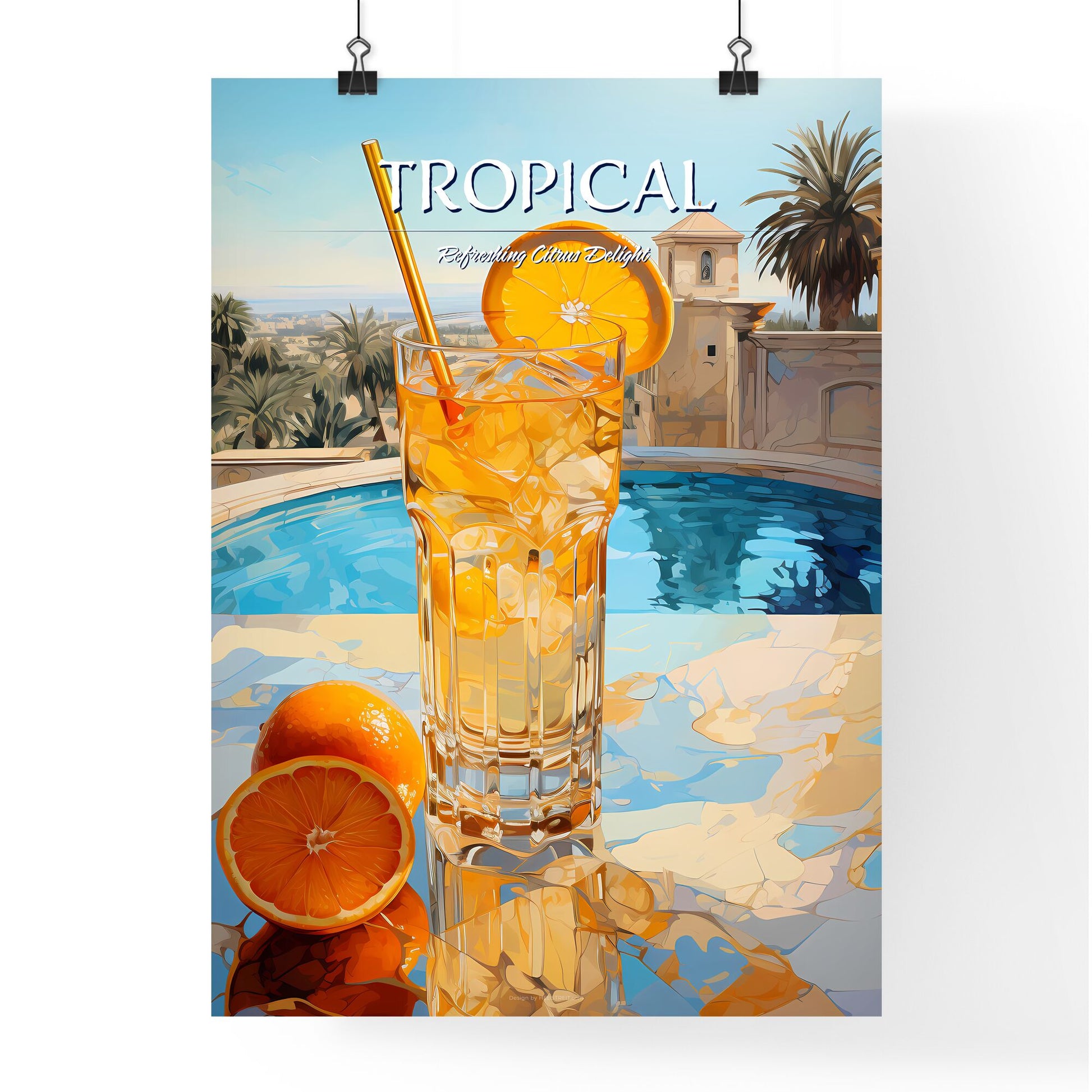 Orange Cocktail Stands On Edge Of Pool - A Glass Of Ice Tea With Oranges And A Straw Default Title