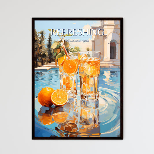 Orange Cocktail Stands On Edge Of Pool - Two Glasses Of Orange Juice And Oranges On A Pool Table Default Title