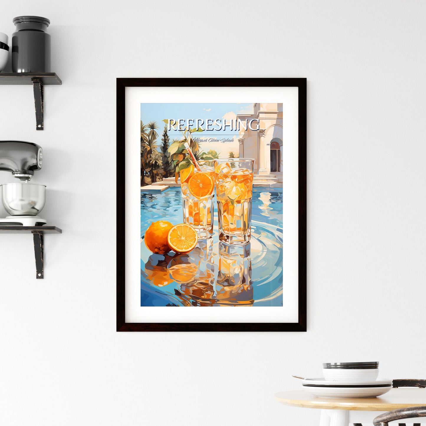 Orange Cocktail Stands On Edge Of Pool - Two Glasses Of Orange Juice And Oranges On A Pool Table Default Title