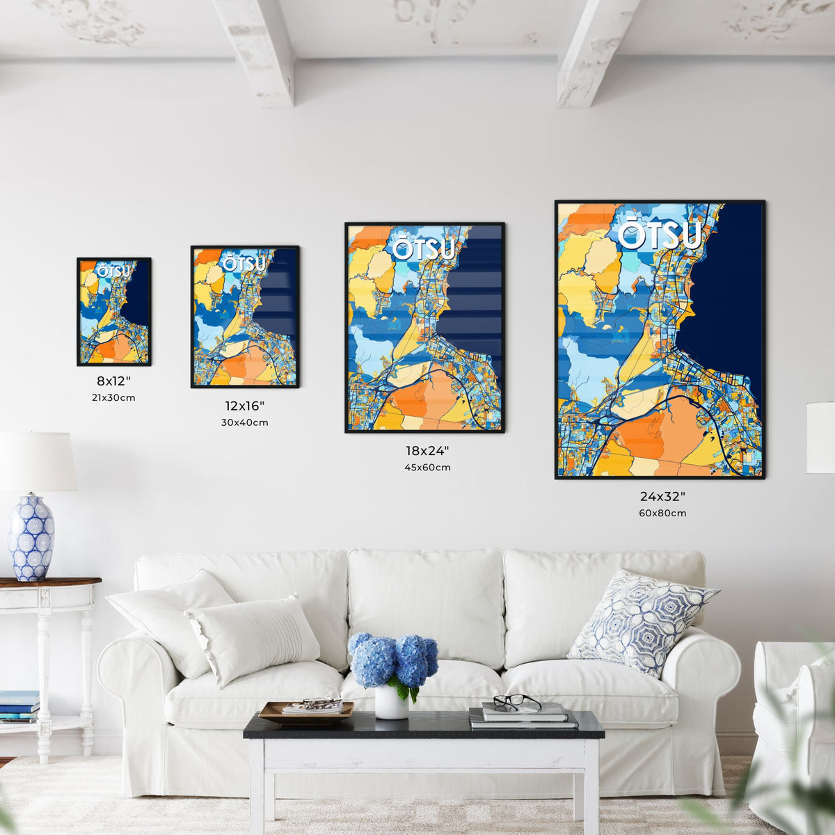 ŌTSU JAPAN Vibrant Colorful Art Map Poster Blue Orange