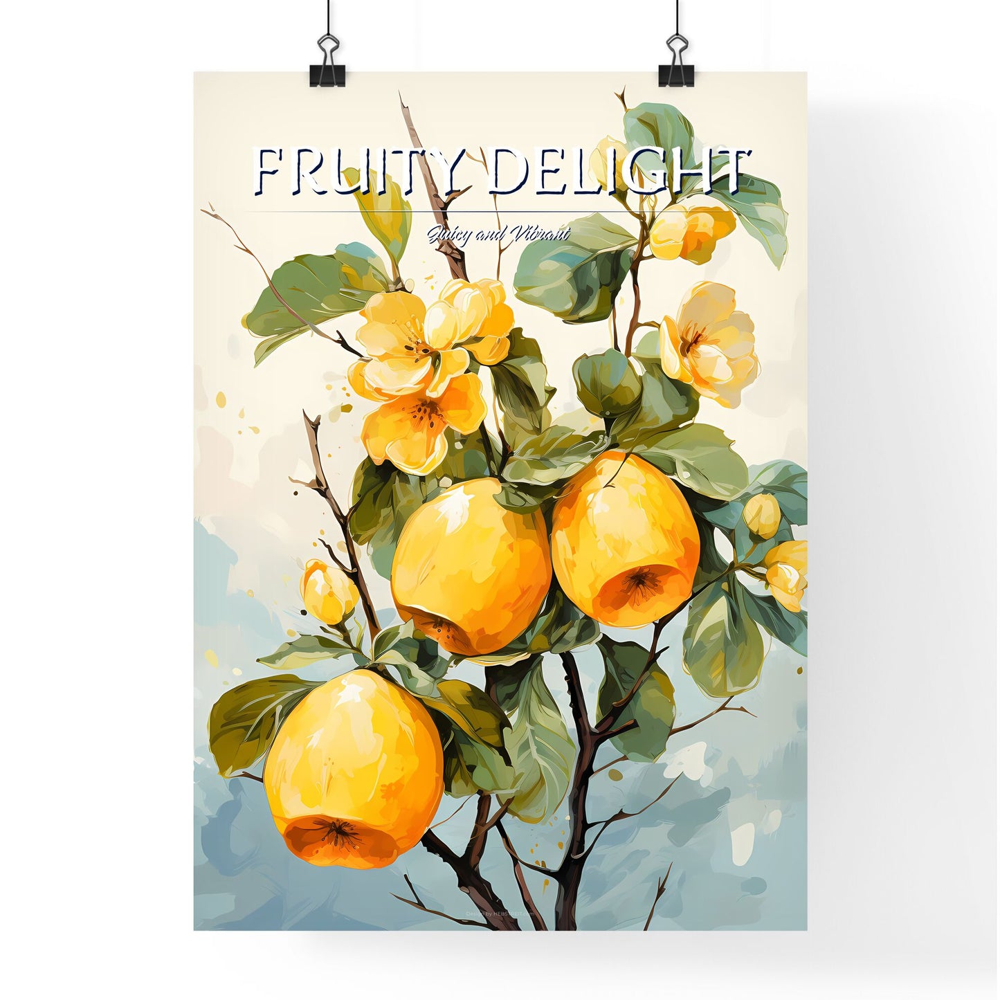 Quince Fruit With Leaf On White - A Painting Of Yellow Apples On A Branch Default Title