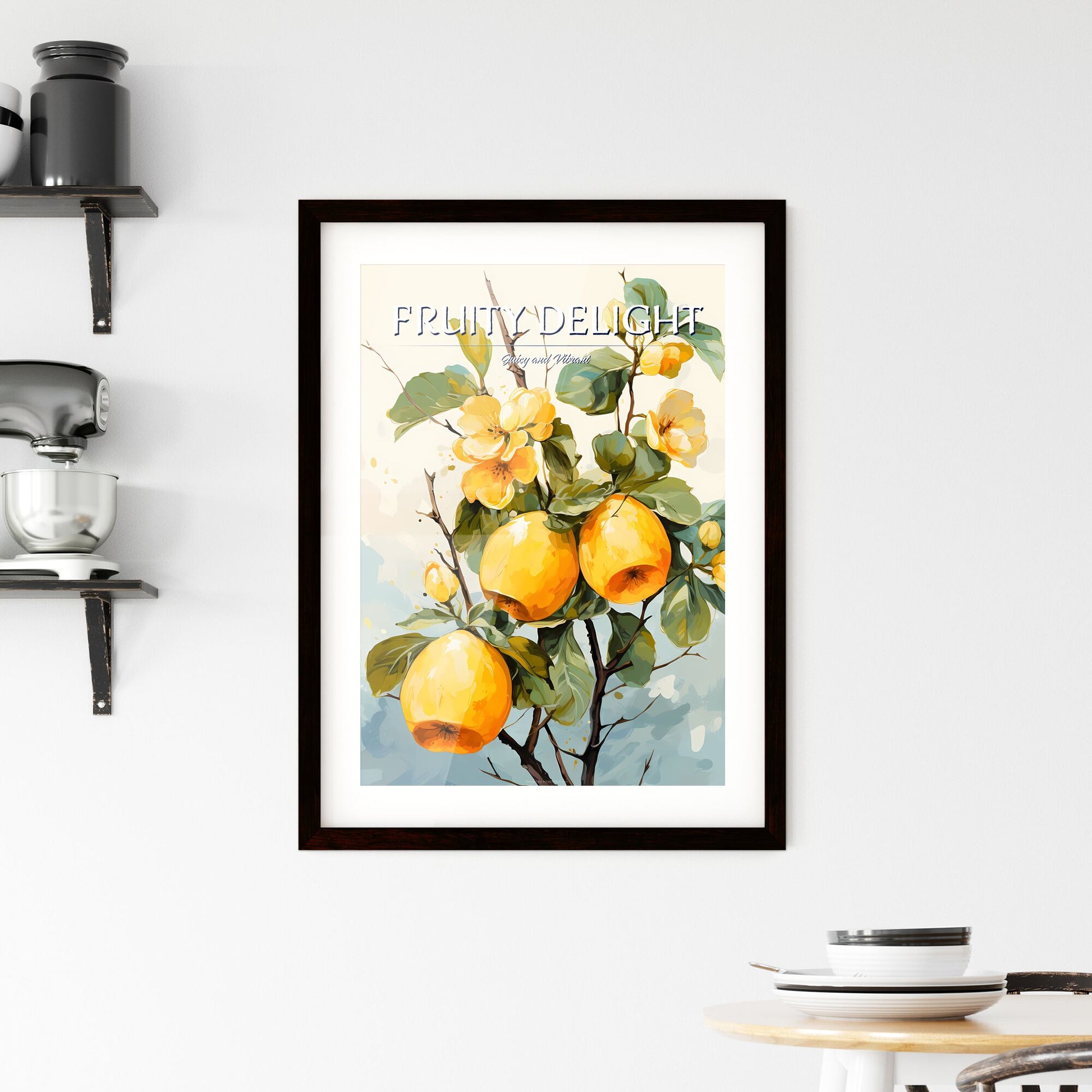 Quince Fruit With Leaf On White - A Painting Of Yellow Apples On A Branch Default Title