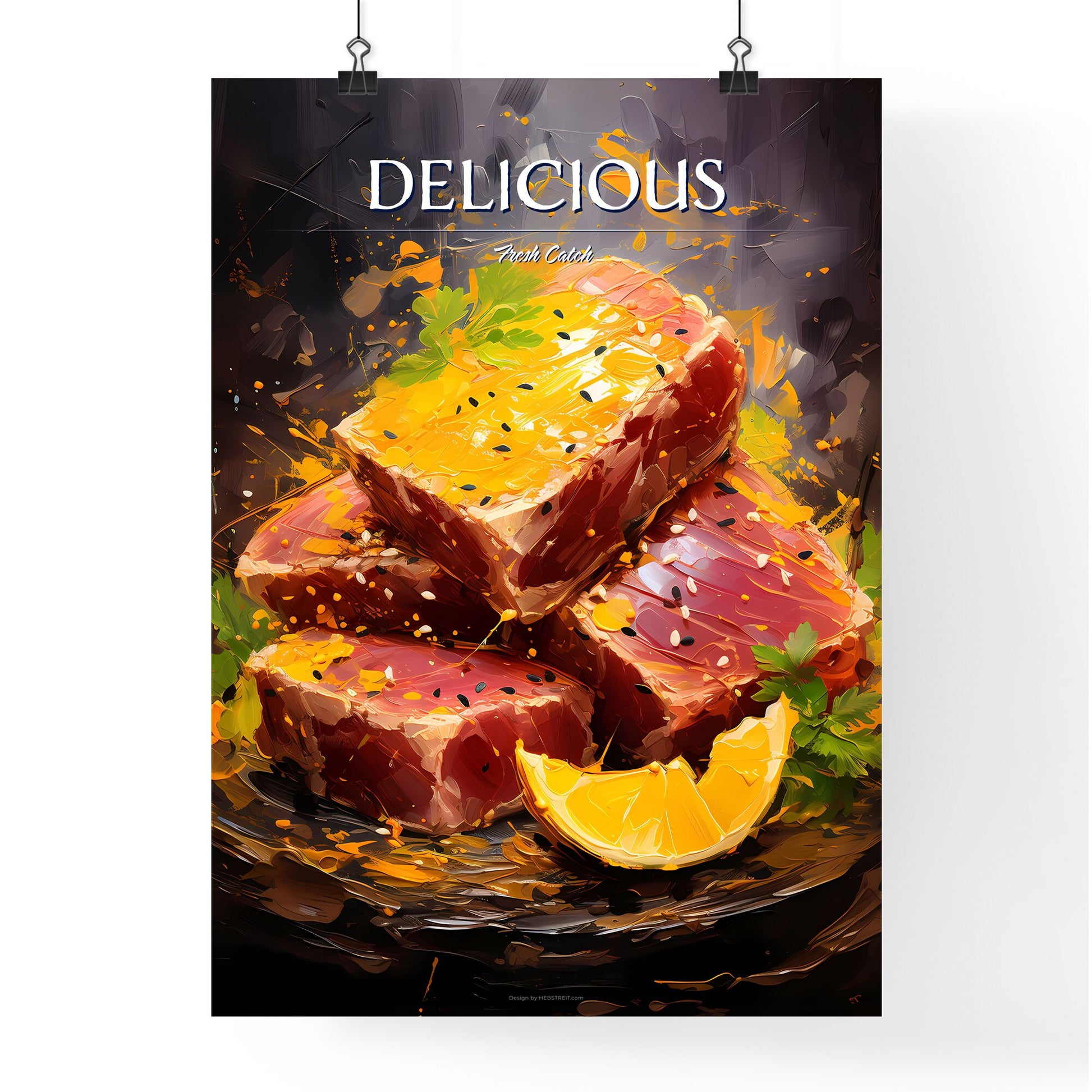 Seared Yellow Fin Tuna With Sesame Seeds Sweet Fri - A Plate Of Raw Meat With Lemon Wedges Default Title