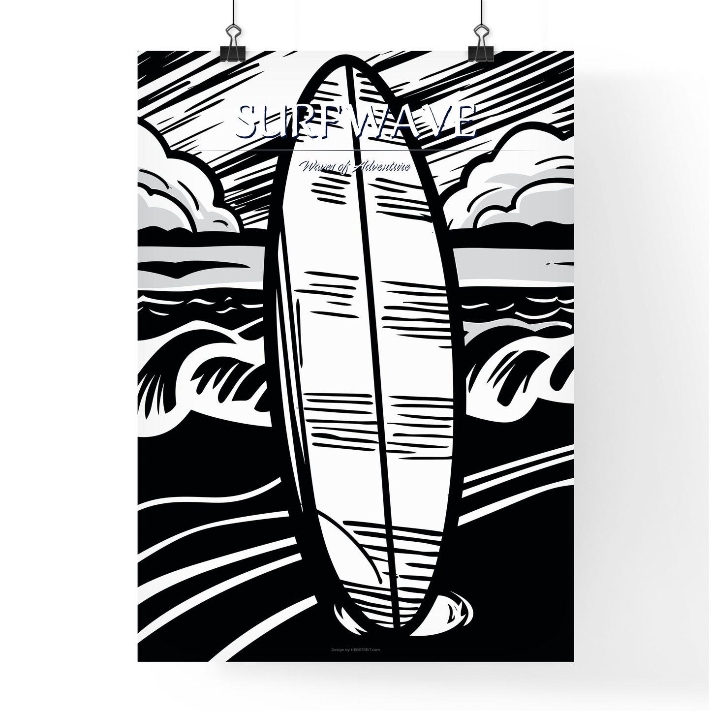 Surfboard In Front Of Beach - A Black And White Drawing Of A Surfboard Default Title