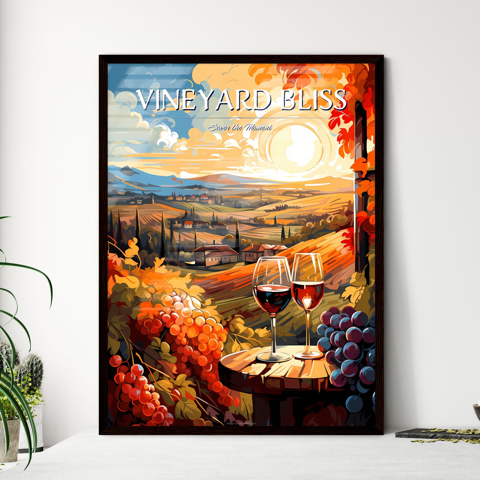 Vineyard With Red And White Wine - A Painting Of Wine Glasses On A Table With Grapes And A Sunset Default Title