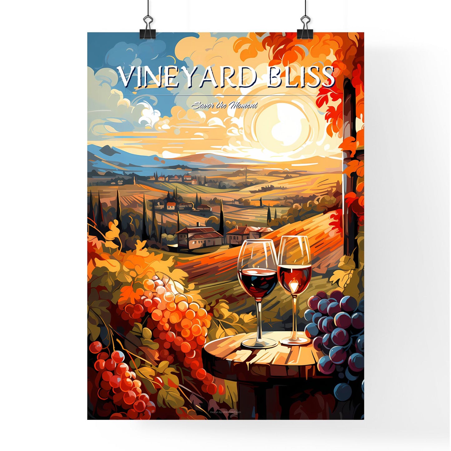 Vineyard With Red And White Wine - A Painting Of Wine Glasses On A Table With Grapes And A Sunset Default Title