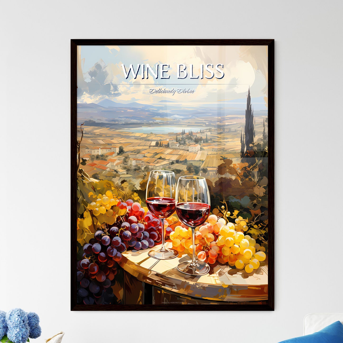 Vineyard With Red And White Wine - A Wine Glasses On A Table With Grapes And A View Of A Town Default Title