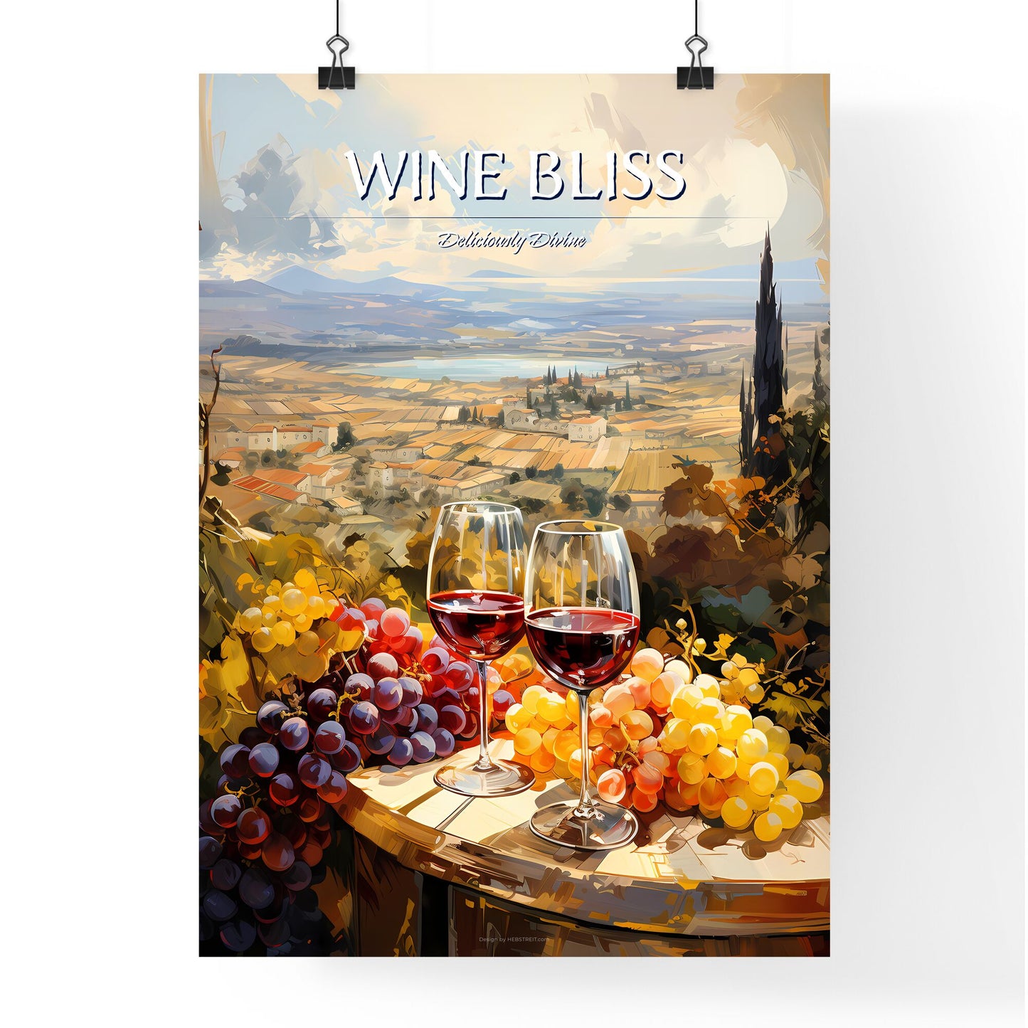 Vineyard With Red And White Wine - A Wine Glasses On A Table With Grapes And A View Of A Town Default Title