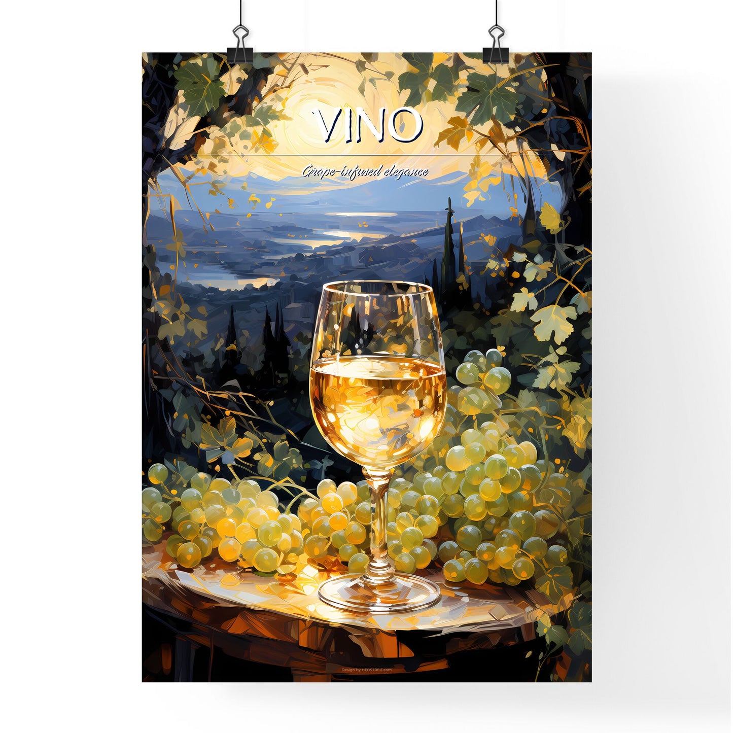 White Wine On Background Of Evening Vineyard - A Glass Of Wine And Grapes On A Table Default Title