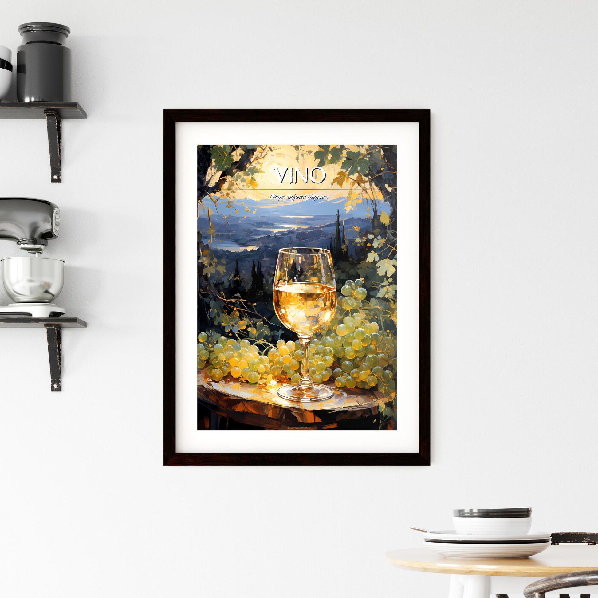 White Wine On Background Of Evening Vineyard - A Glass Of Wine And Grapes On A Table Default Title