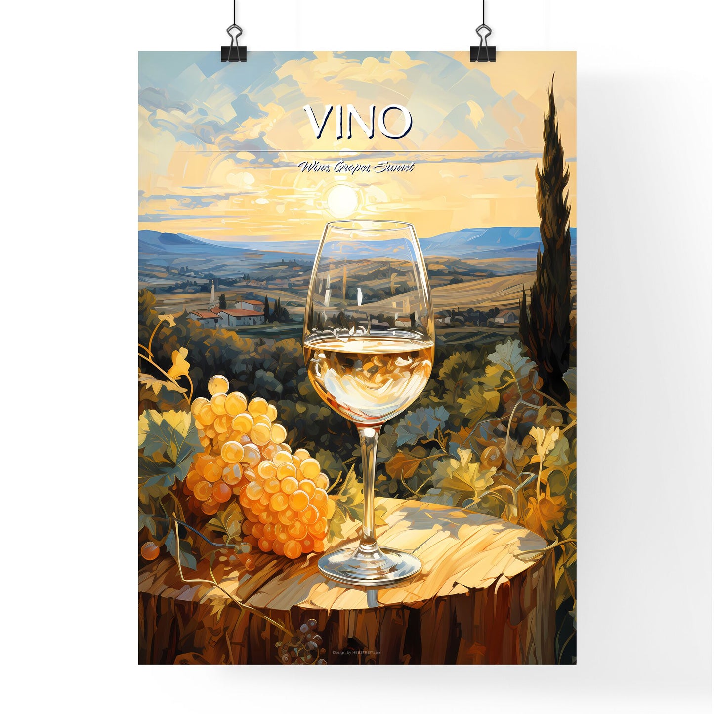 White Wine On Background Of Evening Vineyard - A Glass Of Wine On A Table With Grapes And A Sunset In The Background Default Title